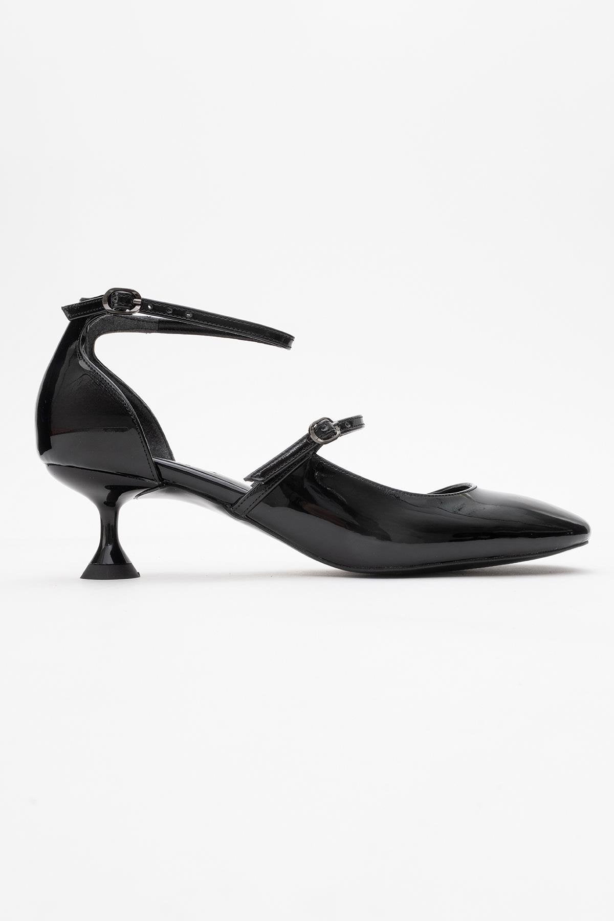 Emly - Black Square Toe Low Heel Shoe – top view showing leather, black, red, Vowalisse