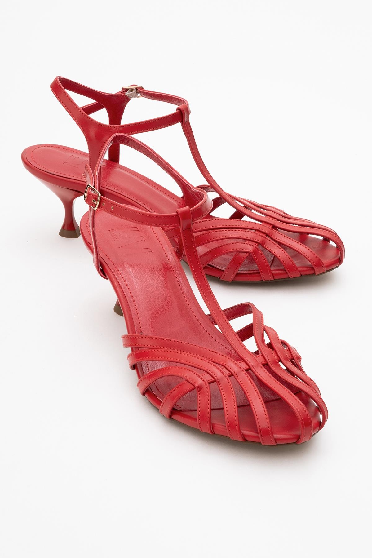 Felip - Red Strappy Low Heel Sandal – front three-quarter view showing leather, red, Vowalisse