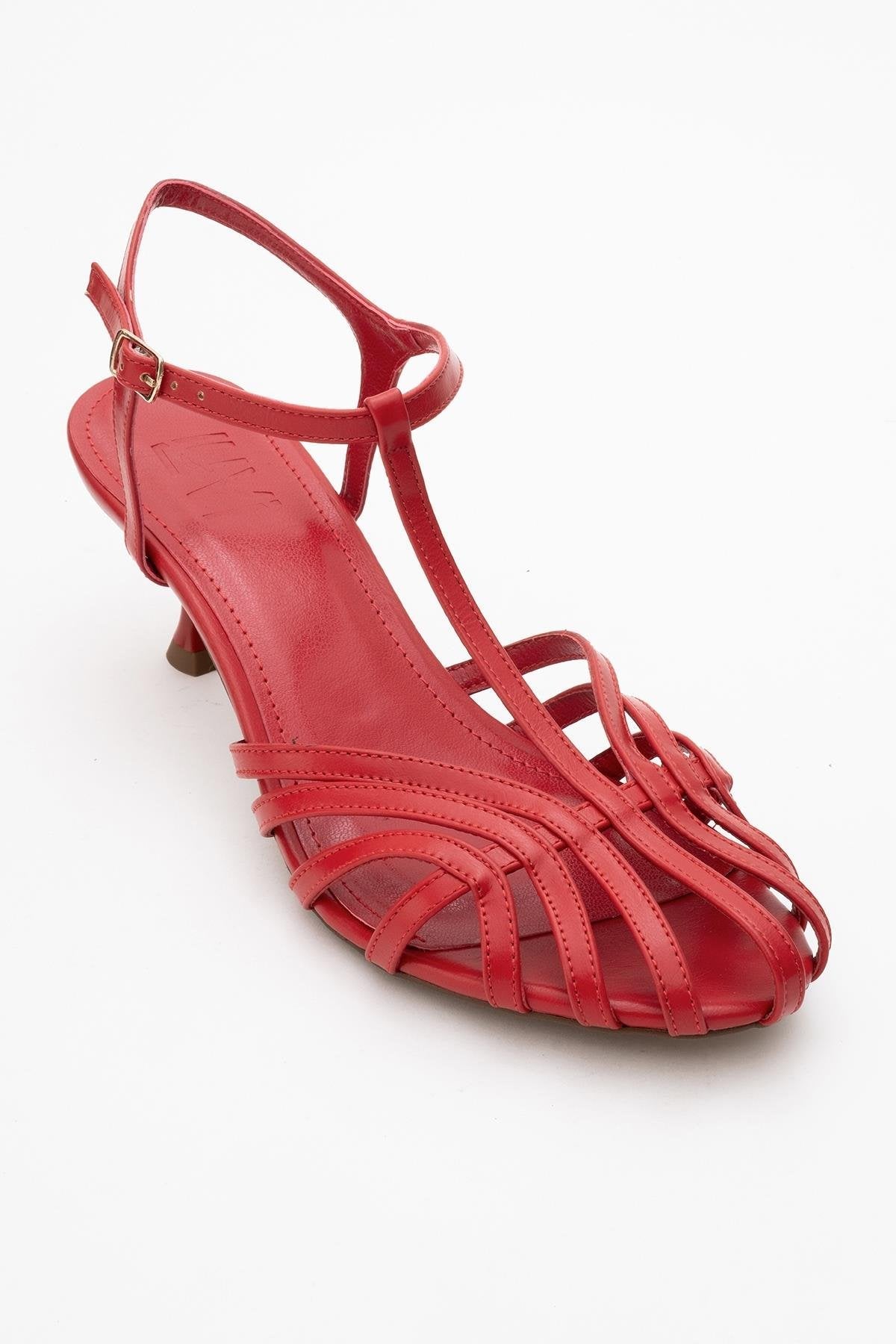 Felip - Red Strappy Low Heel Sandal – detail view showing leather, red, Vowalisse