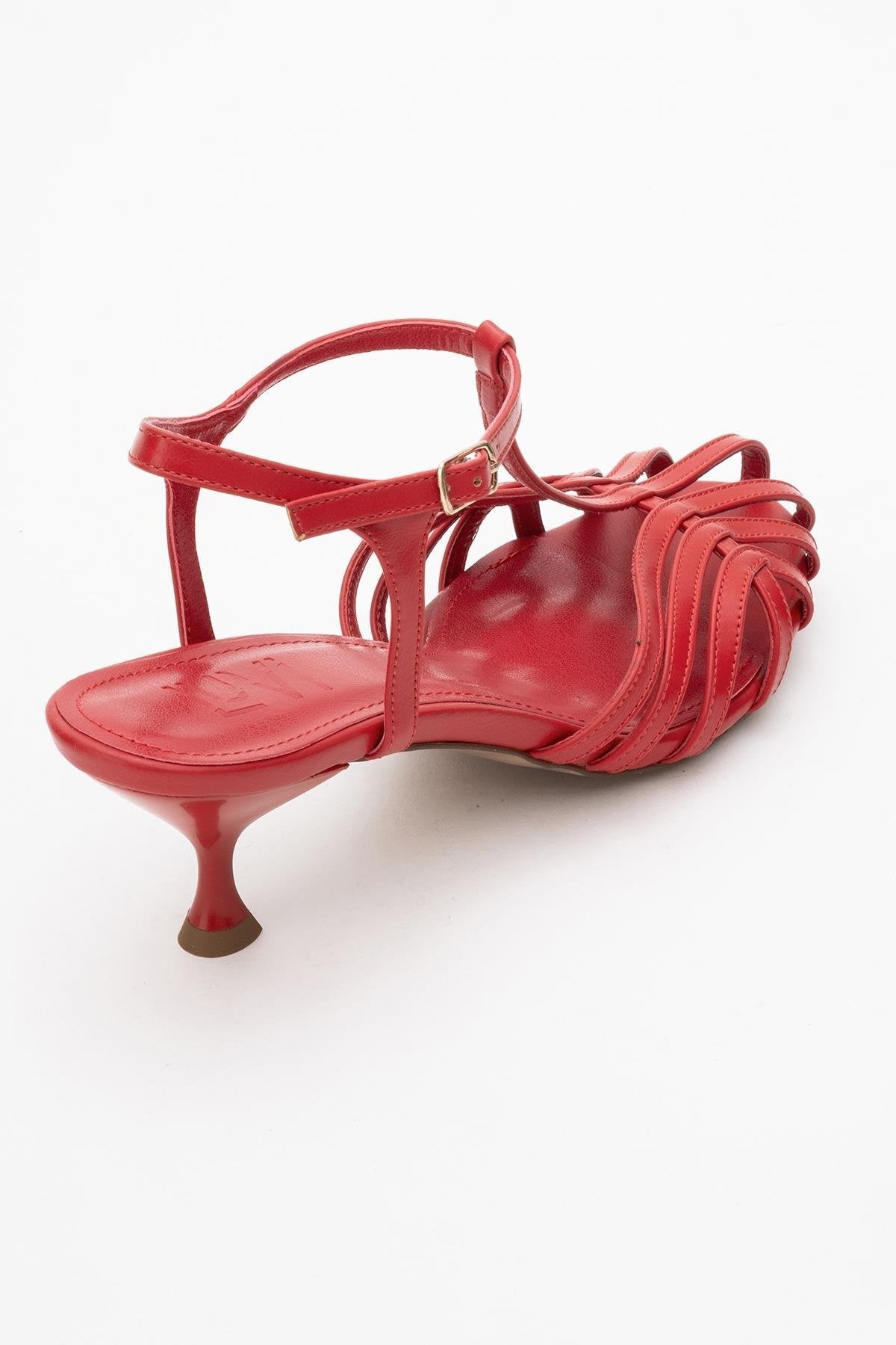 Felip - Red Strappy Low Heel Sandal – back view showing leather, red, Vowalisse
