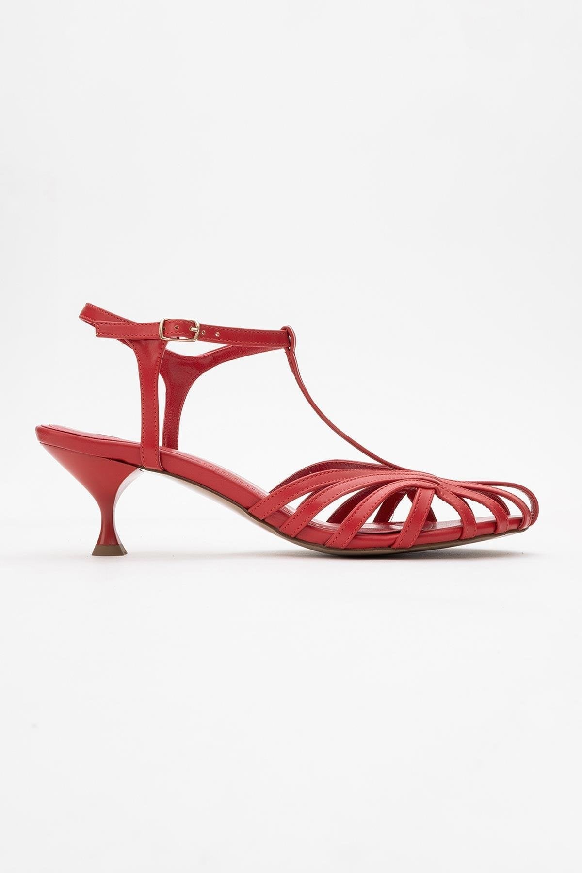 Felip - Red Strappy Low Heel Sandal – top view showing leather, red, Vowalisse