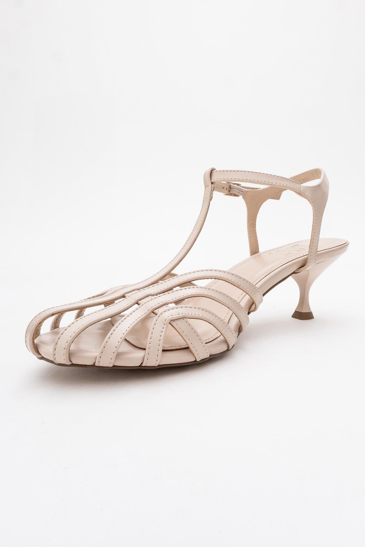 Felip - Off-White Strappy Low Heel Sandal – heel view showing leather, white, Vowalisse