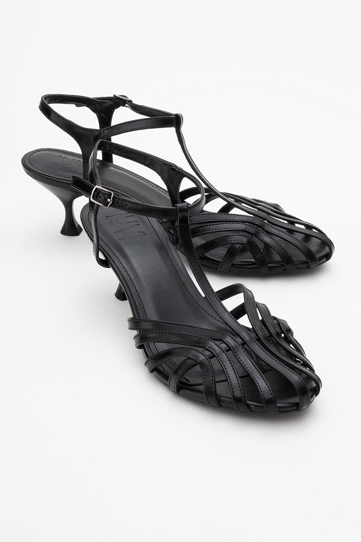 Felip - Black Strappy Low Heel Sandal – front three-quarter view showing leather, black, red, Vowalisse