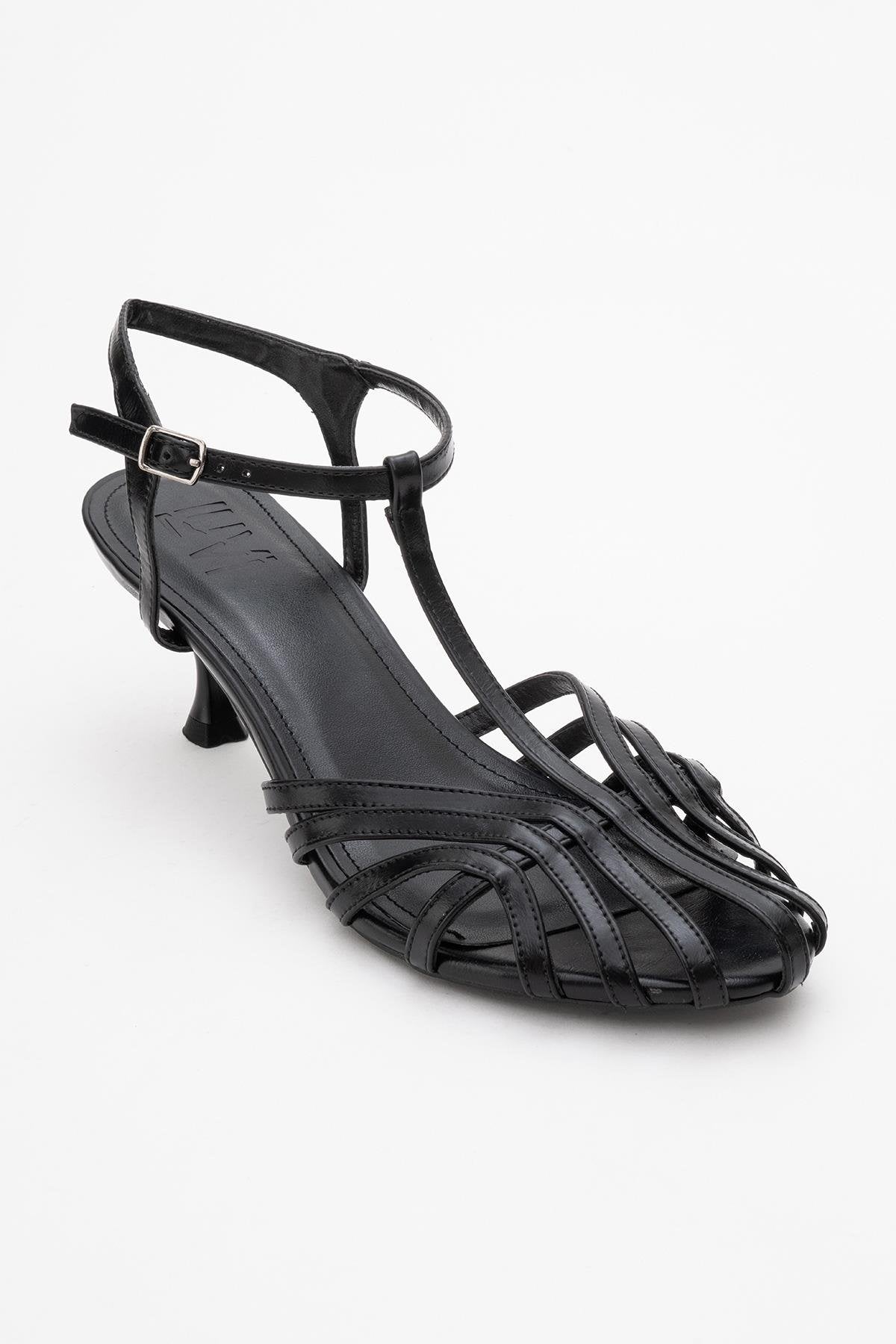 Felip - Black Strappy Low Heel Sandal – detail view showing leather, black, red, Vowalisse