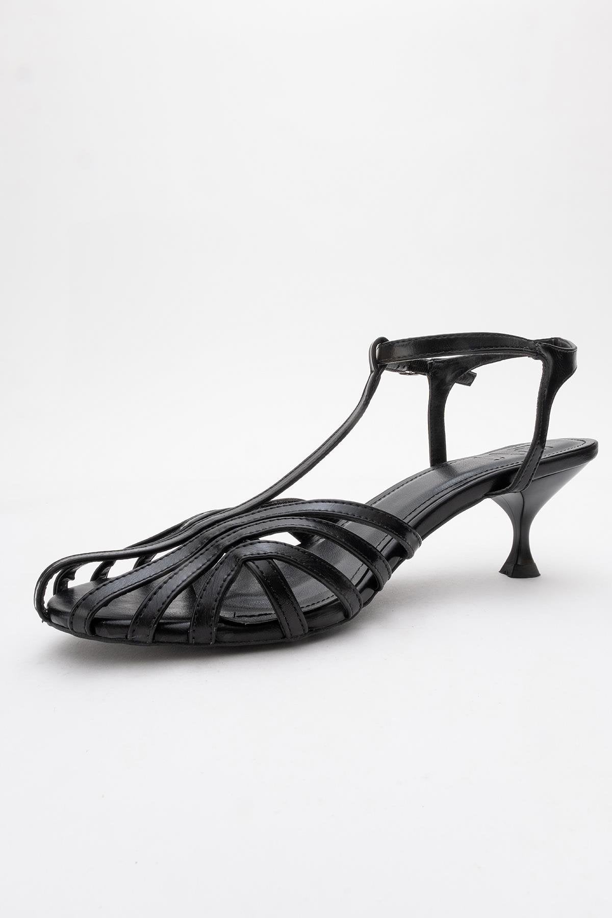 Felip - Black Strappy Low Heel Sandal – back view showing leather, black, red, Vowalisse