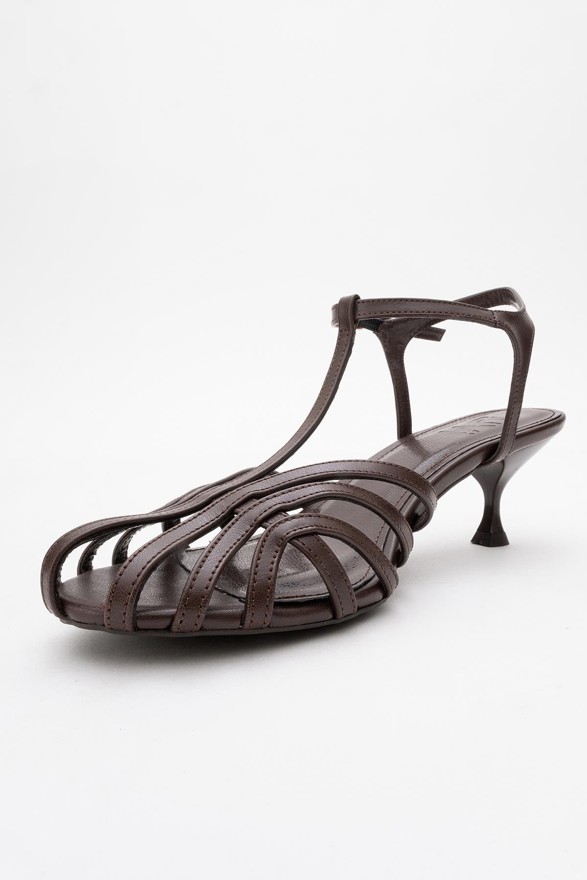 Felip - Brown Strappy Low Heel Sandal – heel view showing leather, red, Vowalisse
