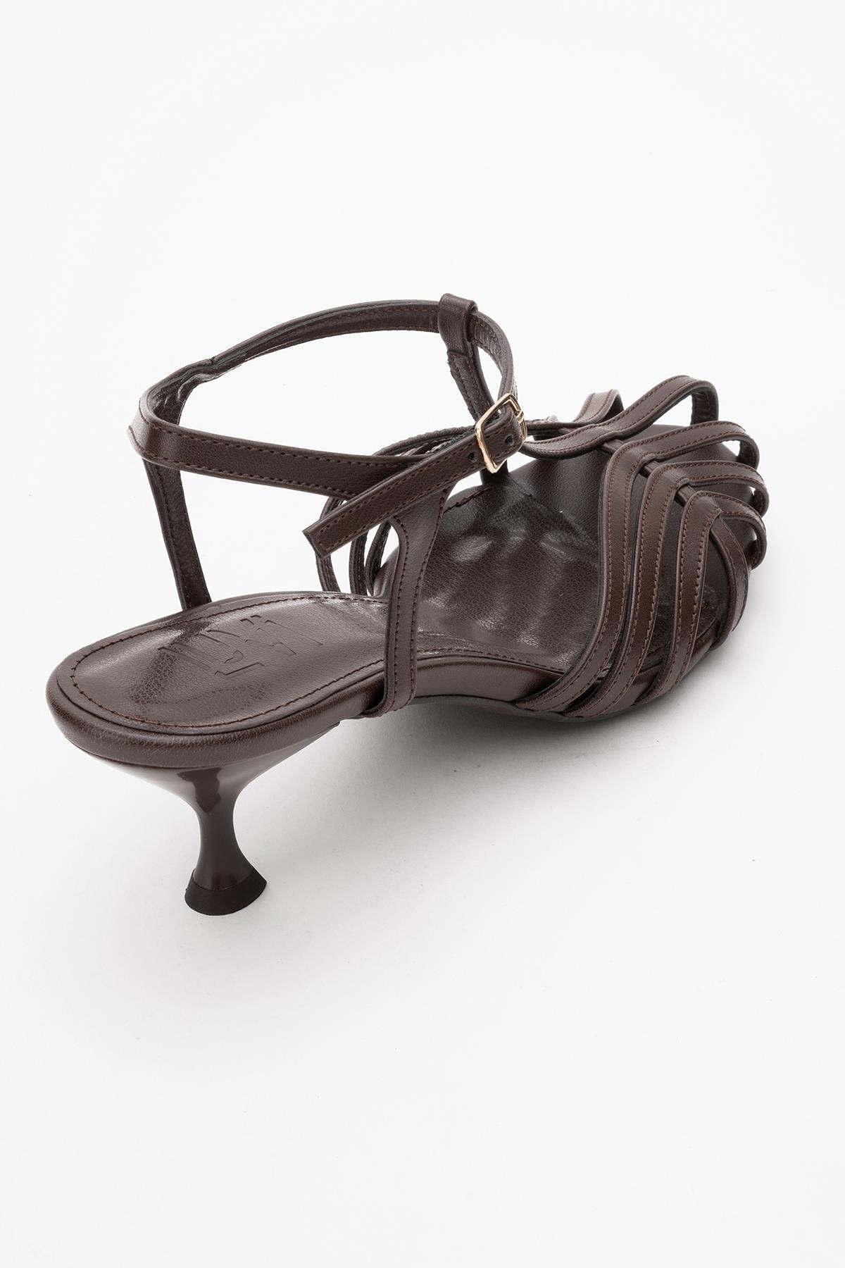 Felip - Brown Strappy Low Heel Sandal – back view showing leather, red, Vowalisse