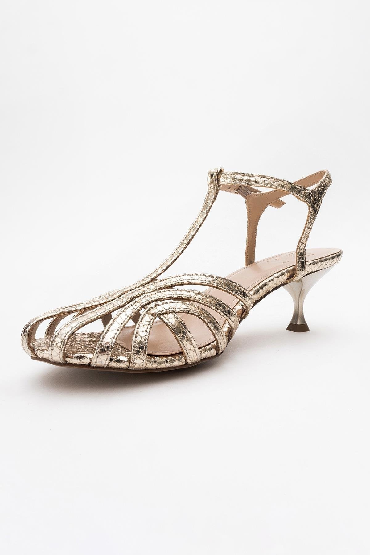 Felip - Gold Patterned Strappy Low Heel Sandal – heel view showing leather, gold, Vowalisse