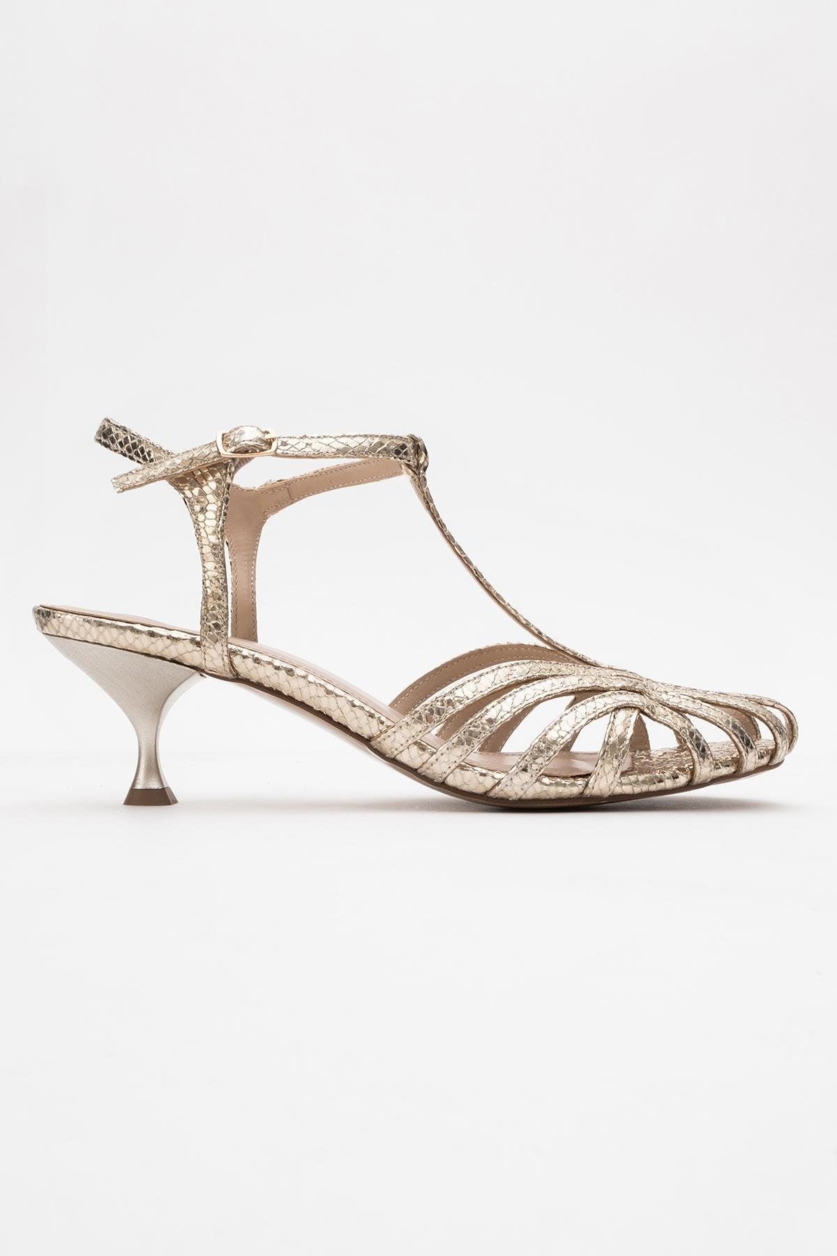 Felip - Gold Patterned Strappy Low Heel Sandal – top view showing leather, gold, Vowalisse