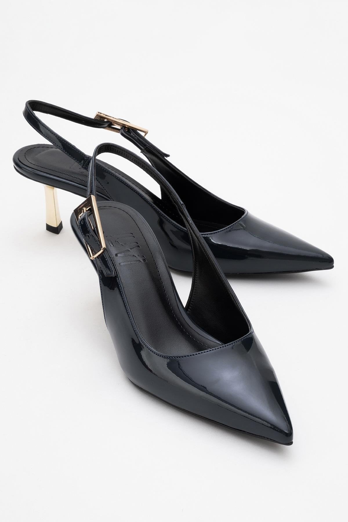 Arty - Navy Patent Buckled Pointed Toe Slingback Stiletto – front three-quarter view showing leather, Vowalisse