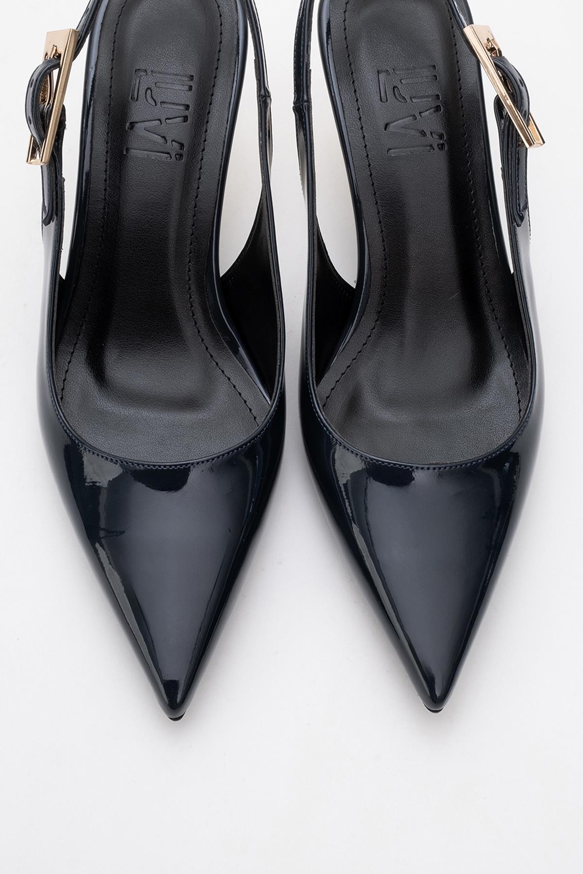 Arty - Navy Patent Buckled Pointed Toe Slingback Stiletto – side view showing leather, Vowalisse