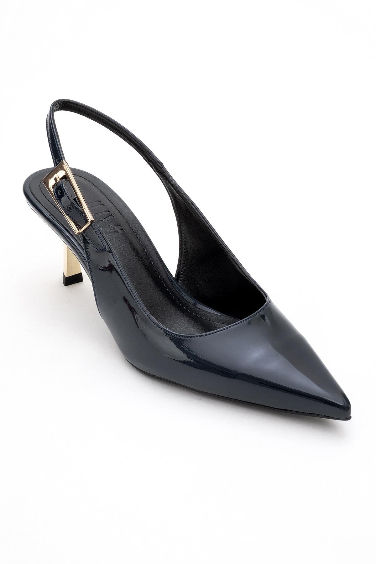 Arty - Navy Patent Buckled Pointed Toe Slingback Stiletto – detail view showing leather, Vowalisse