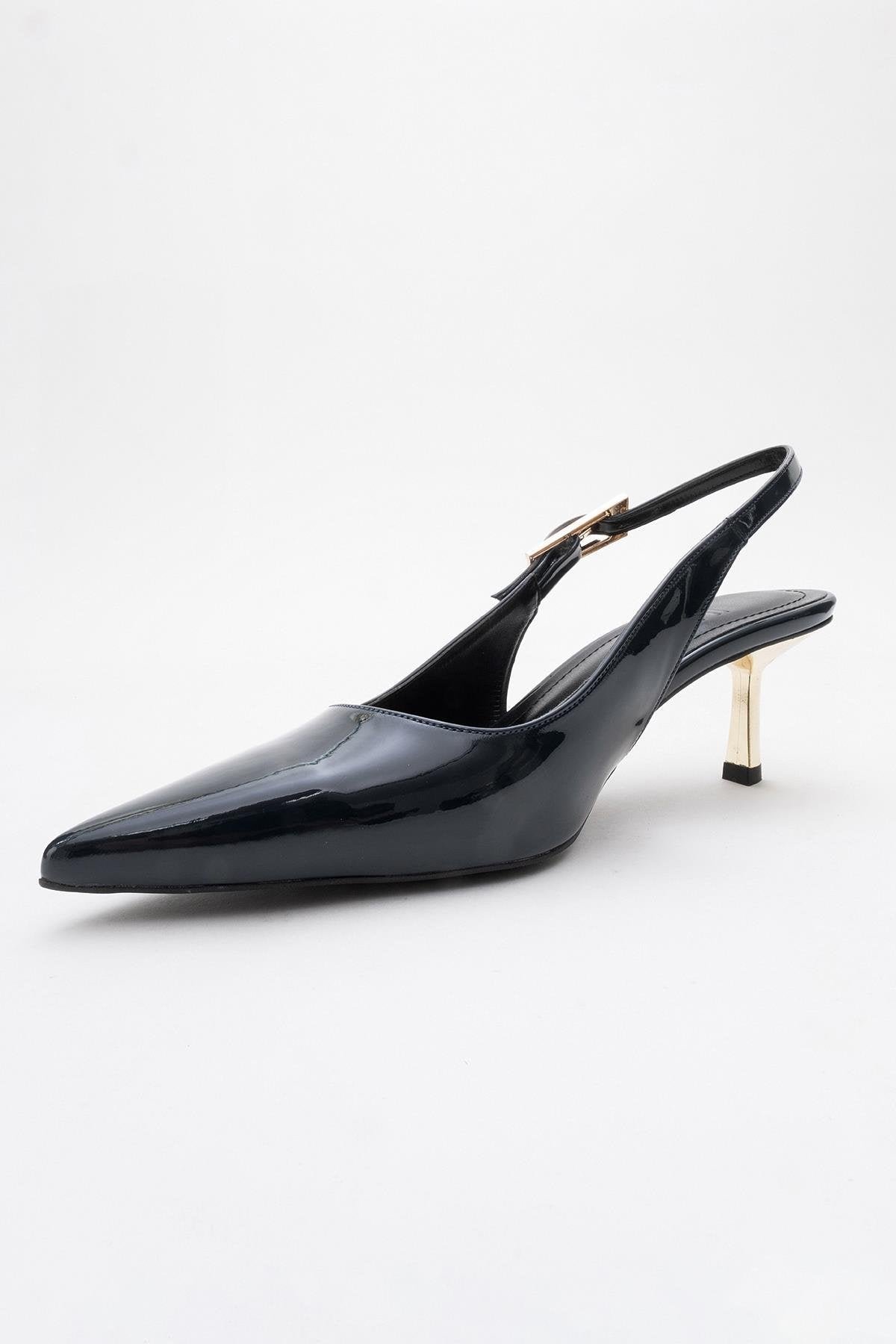 Arty - Navy Patent Buckled Pointed Toe Slingback Stiletto – heel view showing leather, Vowalisse