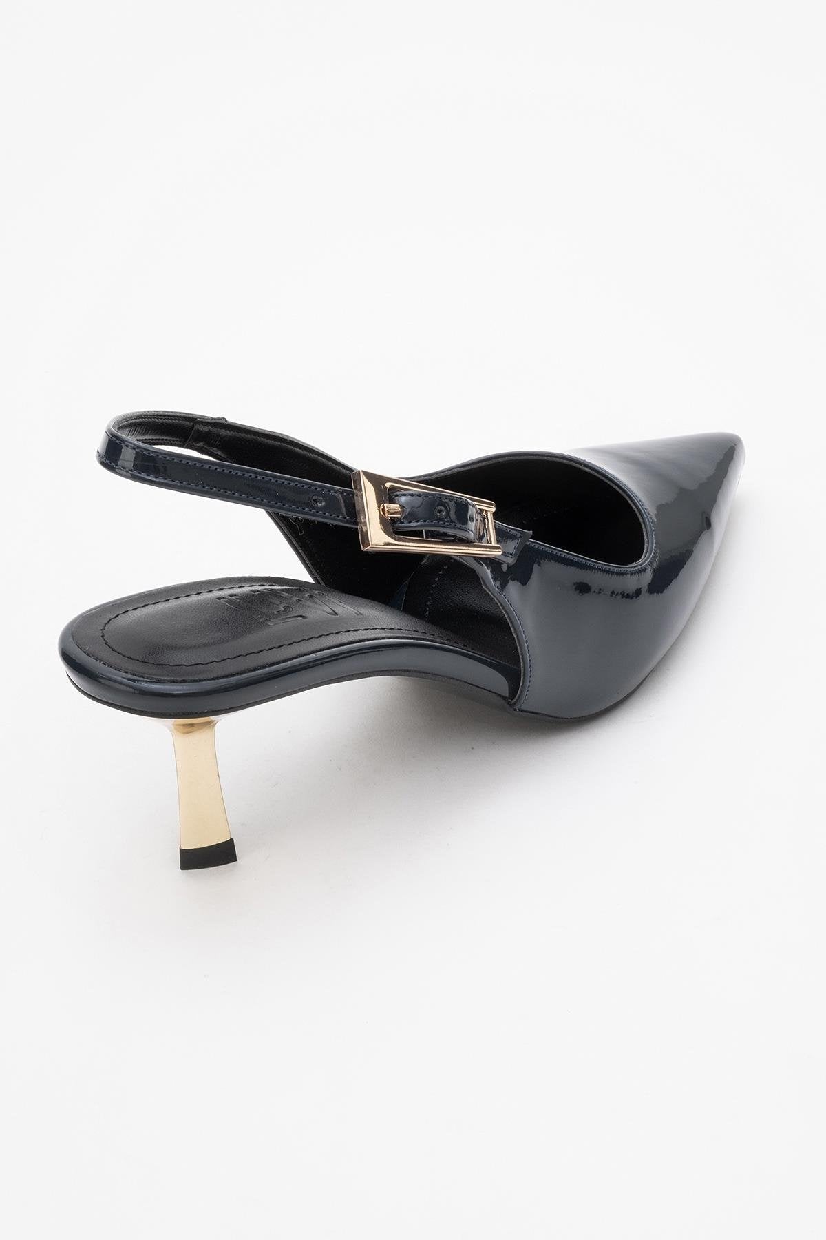 Arty - Navy Patent Buckled Pointed Toe Slingback Stiletto – back view showing leather, Vowalisse