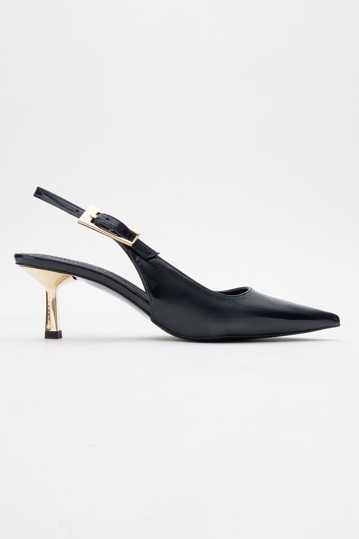 Arty - Navy Patent Buckled Pointed Toe Slingback Stiletto – top view showing leather, Vowalisse