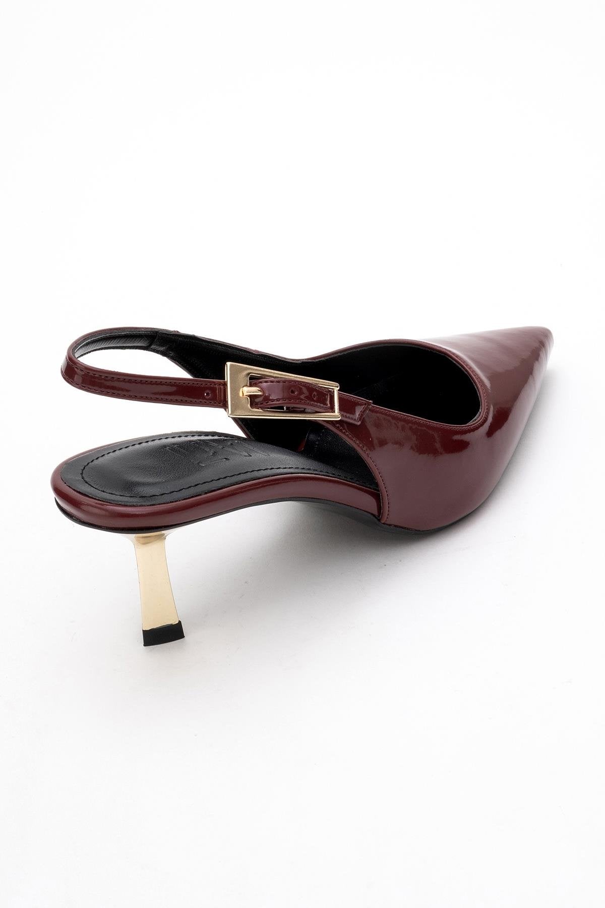 Arty - Burgundy Patent Pointed Toe Slingback Stiletto – heel view showing leather, Vowalisse