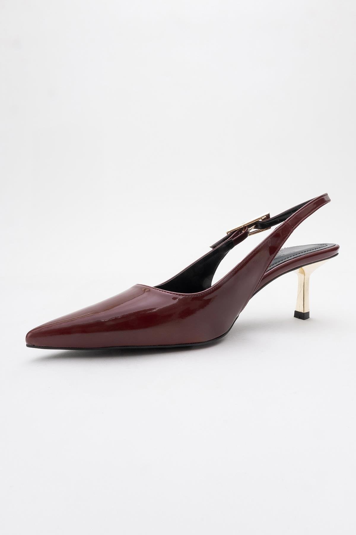 Arty - Burgundy Patent Pointed Toe Slingback Stiletto – back view showing leather, Vowalisse