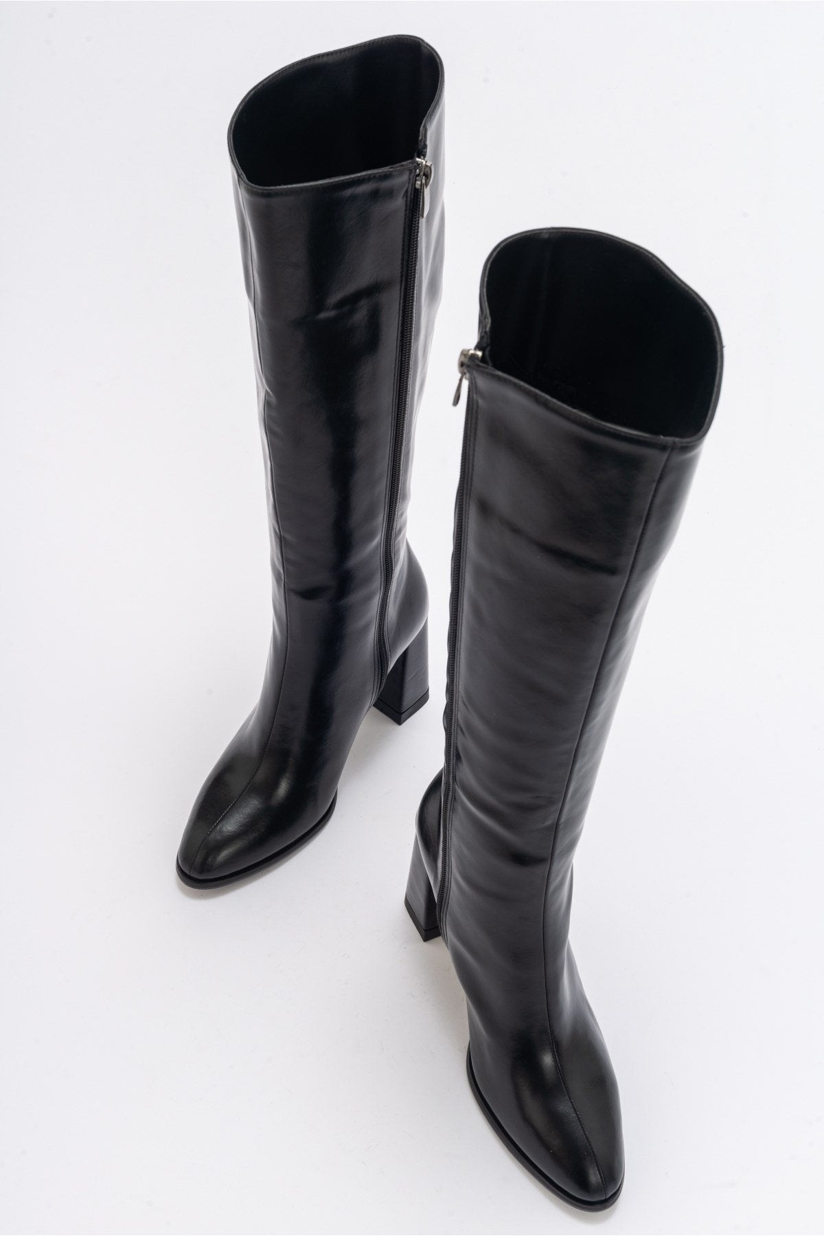 Decer - Black Heeled Boot – detail view showing leather, black, Vowalisse