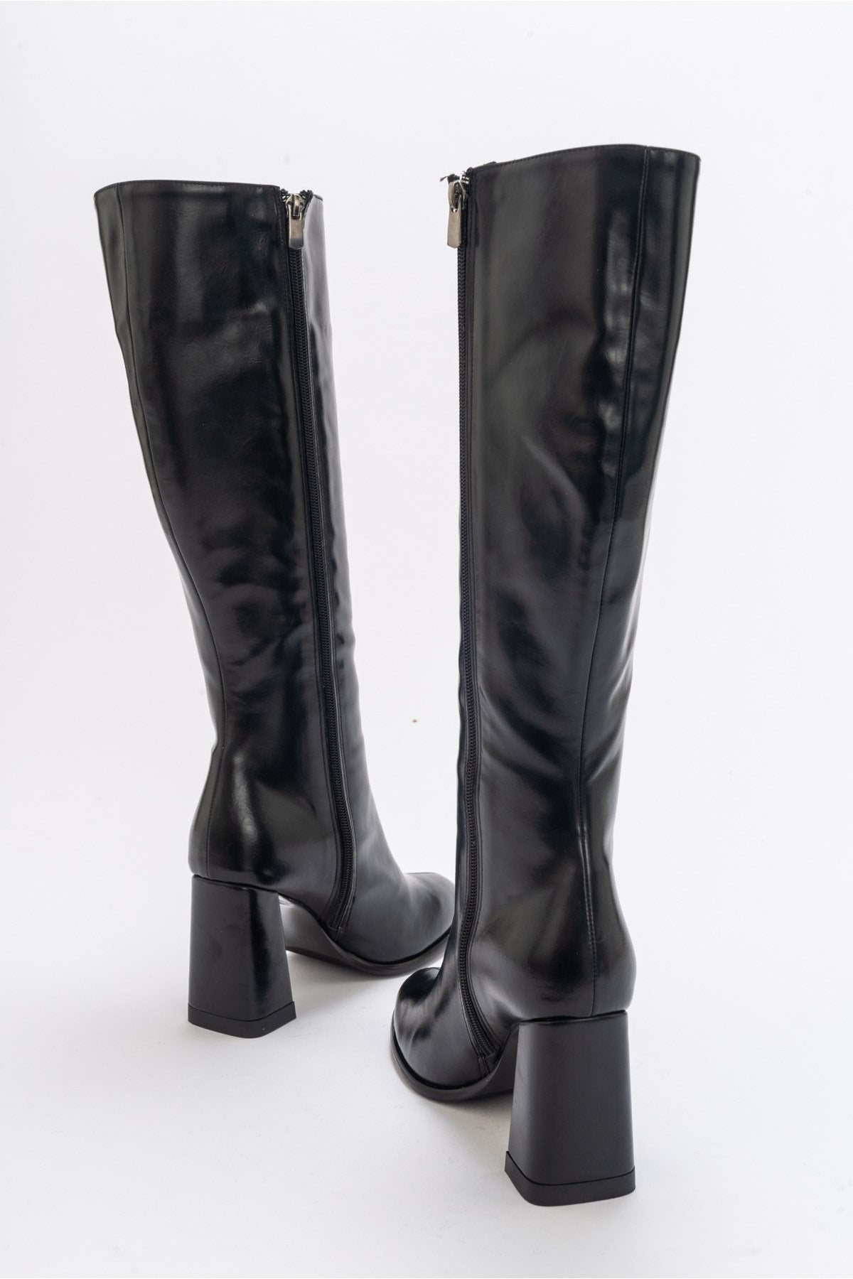 Decer - Black Heeled Boot – back view showing leather, black, Vowalisse