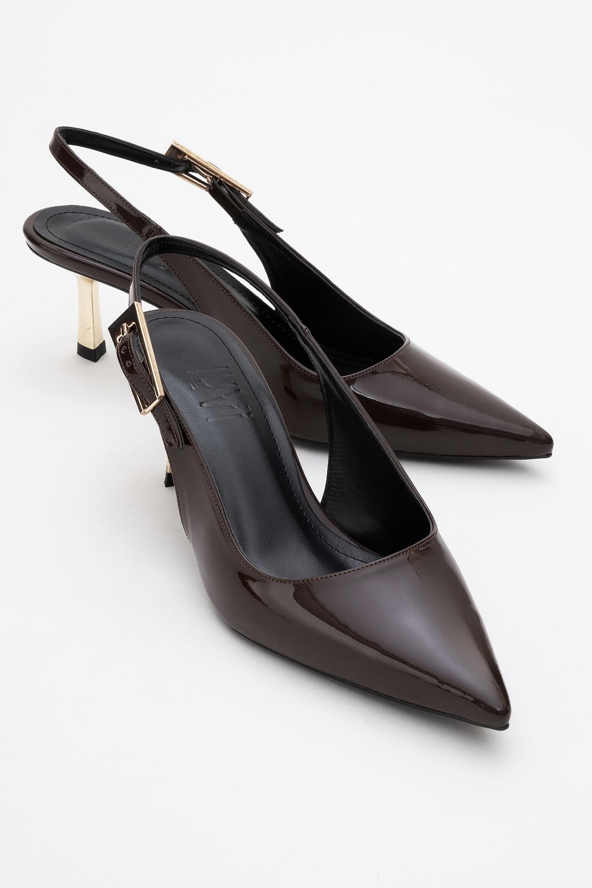 Arty - Brown Patent Pointed Toe Slingback Stiletto – front three-quarter view showing leather, Vowalisse