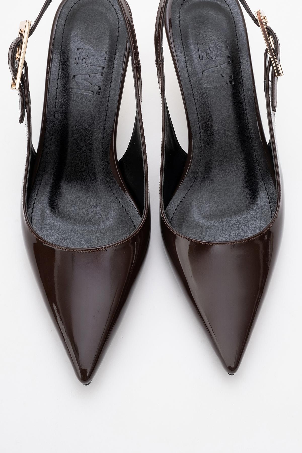 Arty - Brown Patent Pointed Toe Slingback Stiletto – side view showing leather, Vowalisse