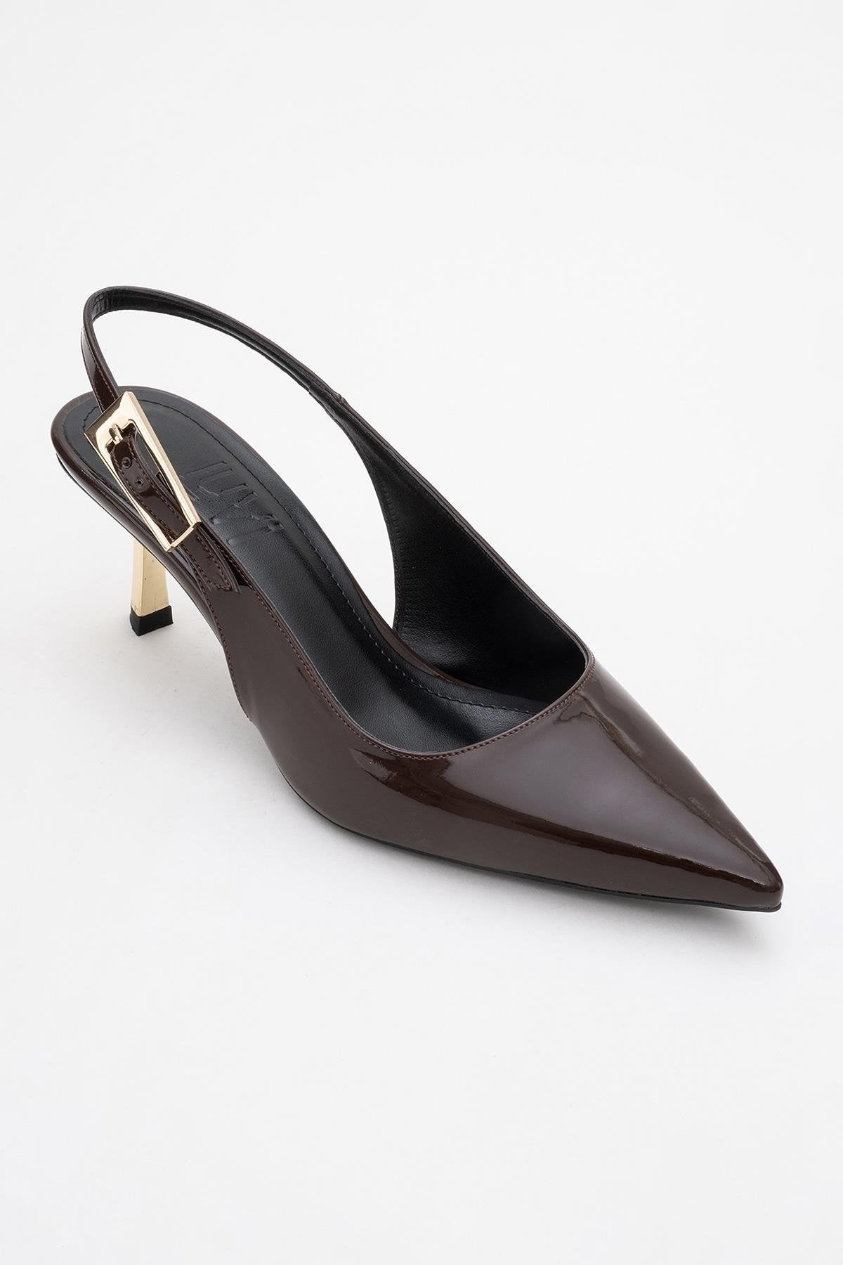 Arty - Brown Patent Pointed Toe Slingback Stiletto – detail view showing leather, Vowalisse
