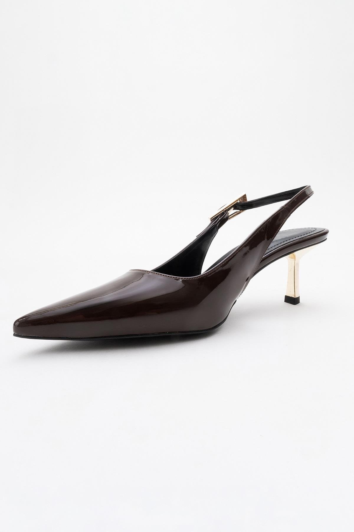 Arty - Brown Patent Pointed Toe Slingback Stiletto – heel view showing leather, Vowalisse
