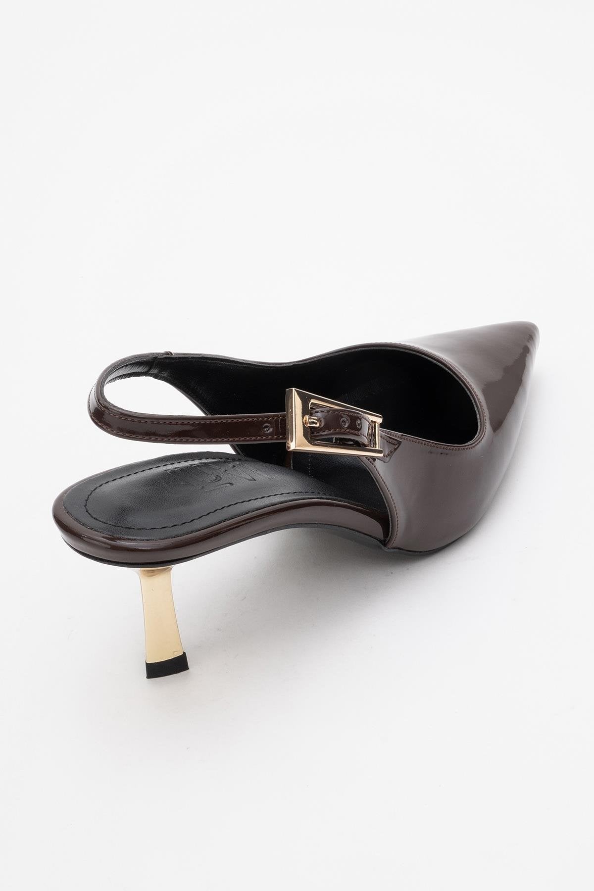 Arty - Brown Patent Pointed Toe Slingback Stiletto – back view showing leather, Vowalisse