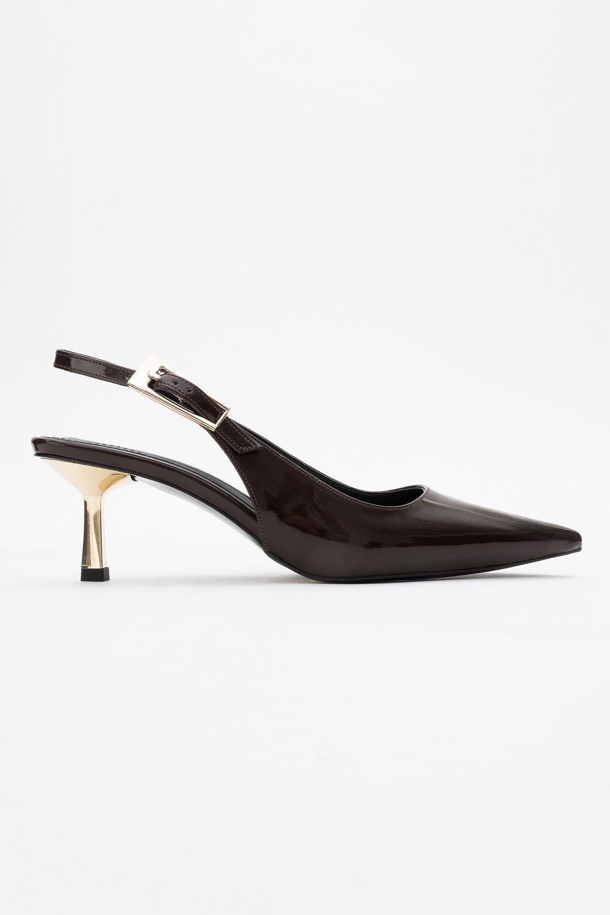 Arty - Brown Patent Pointed Toe Slingback Stiletto – top view showing leather, Vowalisse