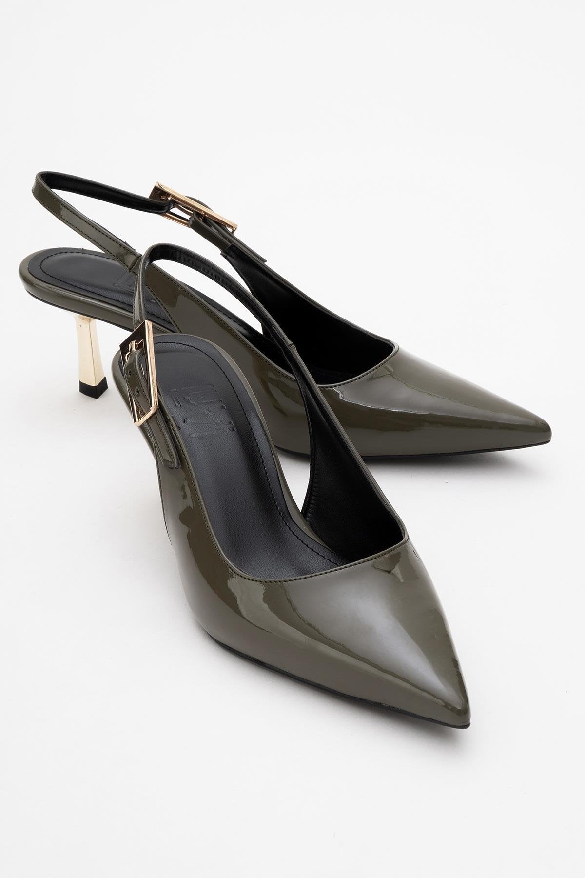 Arty - Olive Patent Pointed Toe Slingback Stiletto – front three-quarter view showing leather, Vowalisse