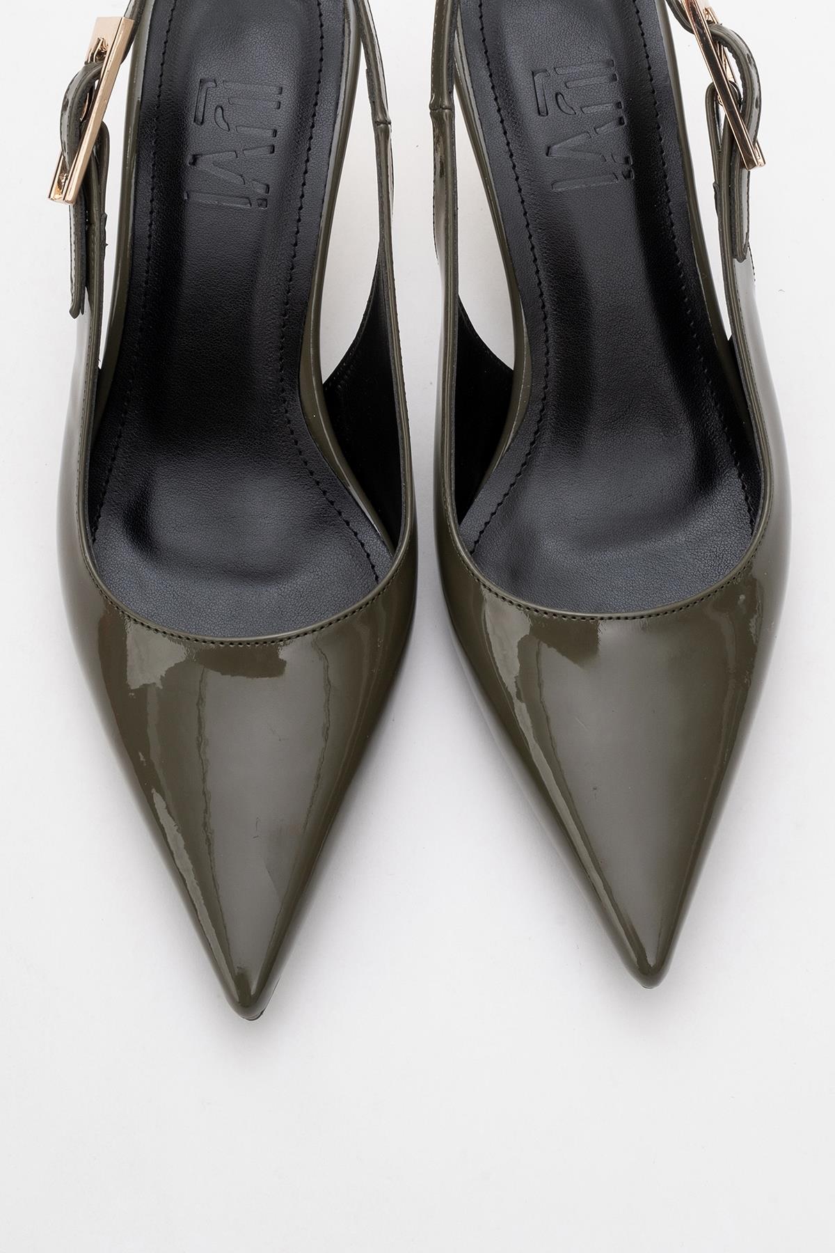 Arty - Olive Patent Pointed Toe Slingback Stiletto – side view showing leather, Vowalisse