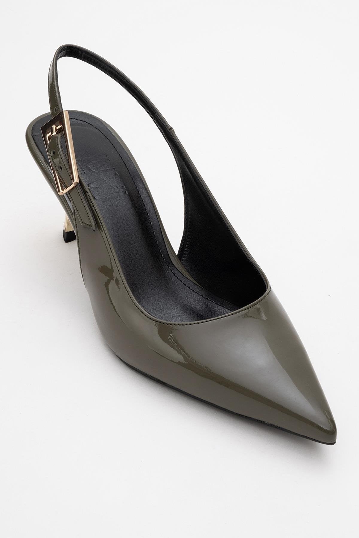 Arty - Olive Patent Pointed Toe Slingback Stiletto – detail view showing leather, Vowalisse