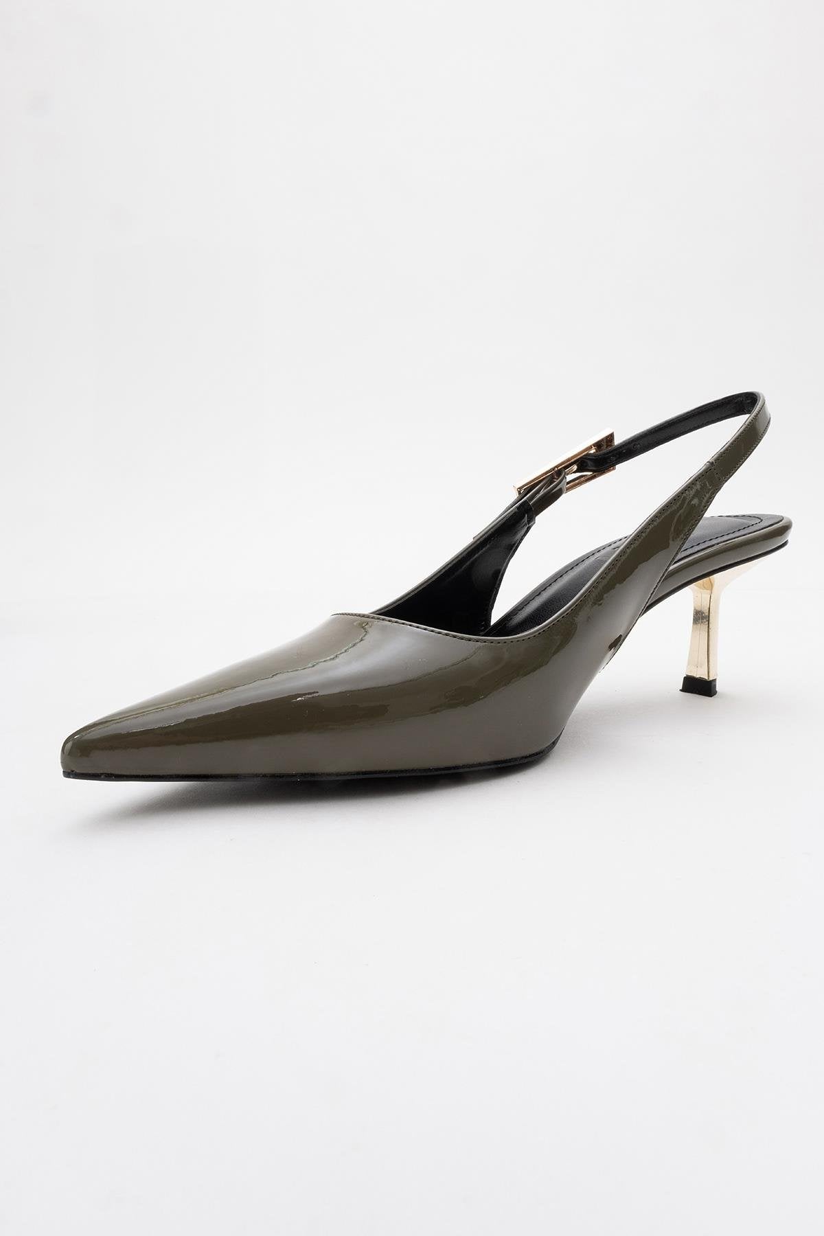Arty - Olive Patent Pointed Toe Slingback Stiletto – heel view showing leather, Vowalisse