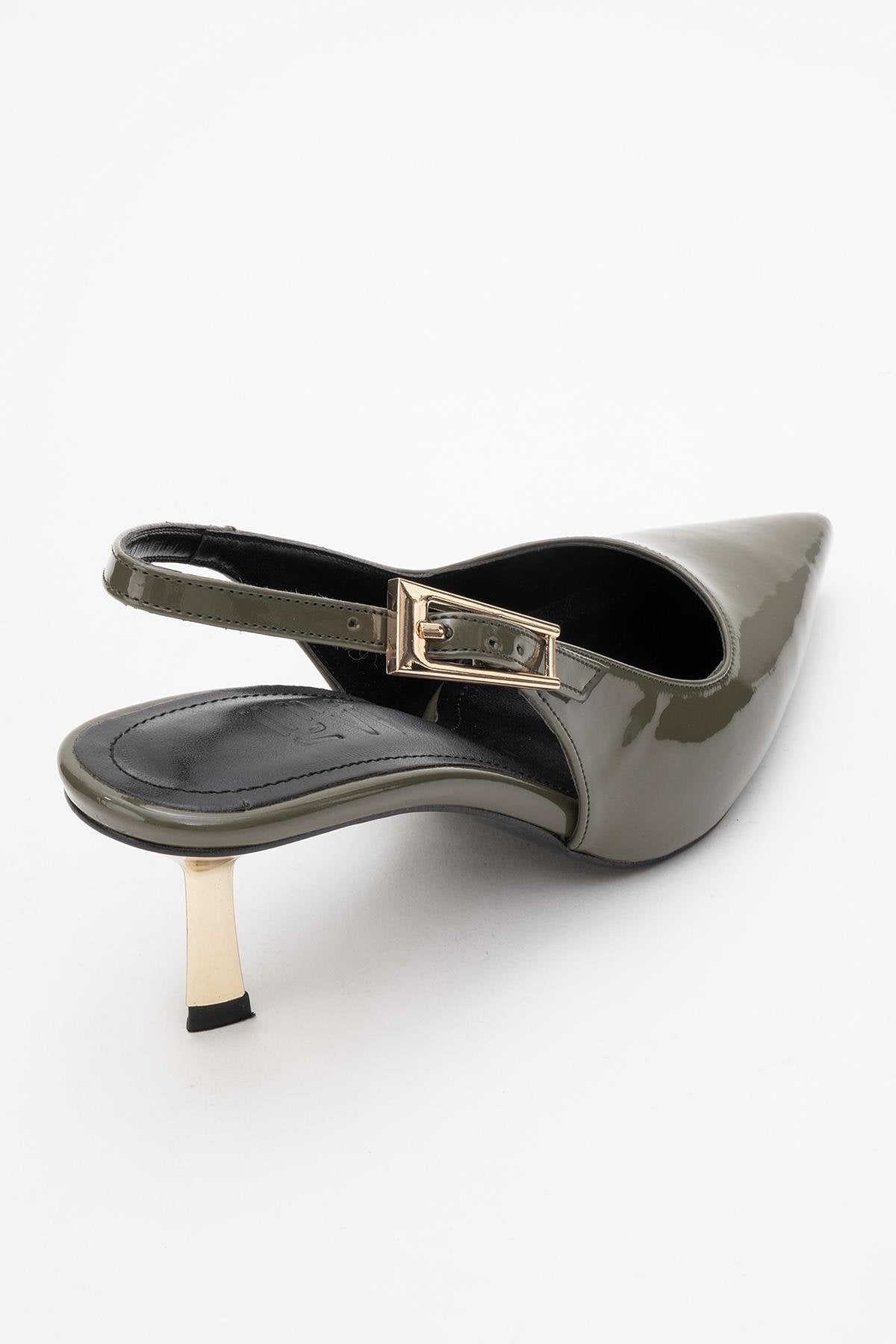 Arty - Olive Patent Pointed Toe Slingback Stiletto – back view showing leather, Vowalisse