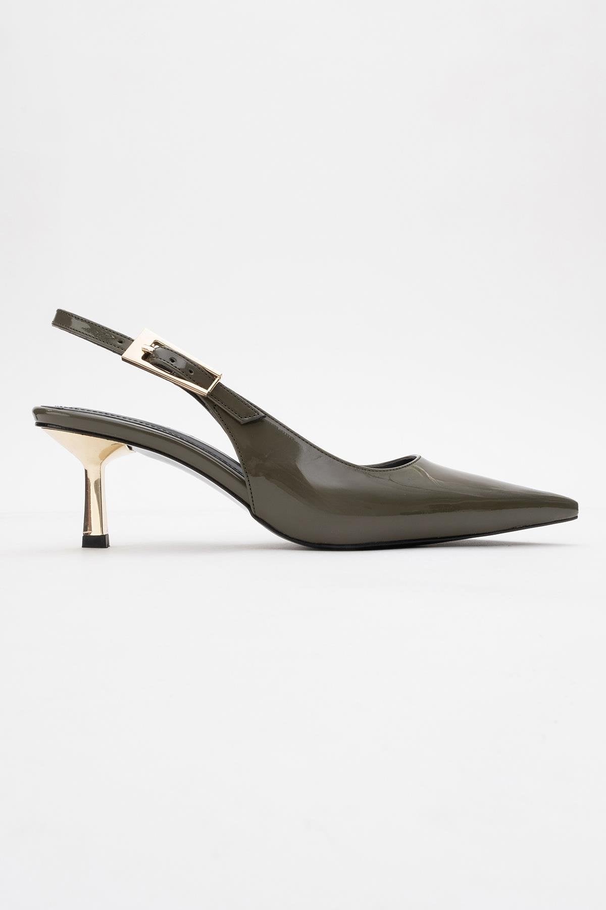 Arty - Olive Patent Pointed Toe Slingback Stiletto – top view showing leather, Vowalisse