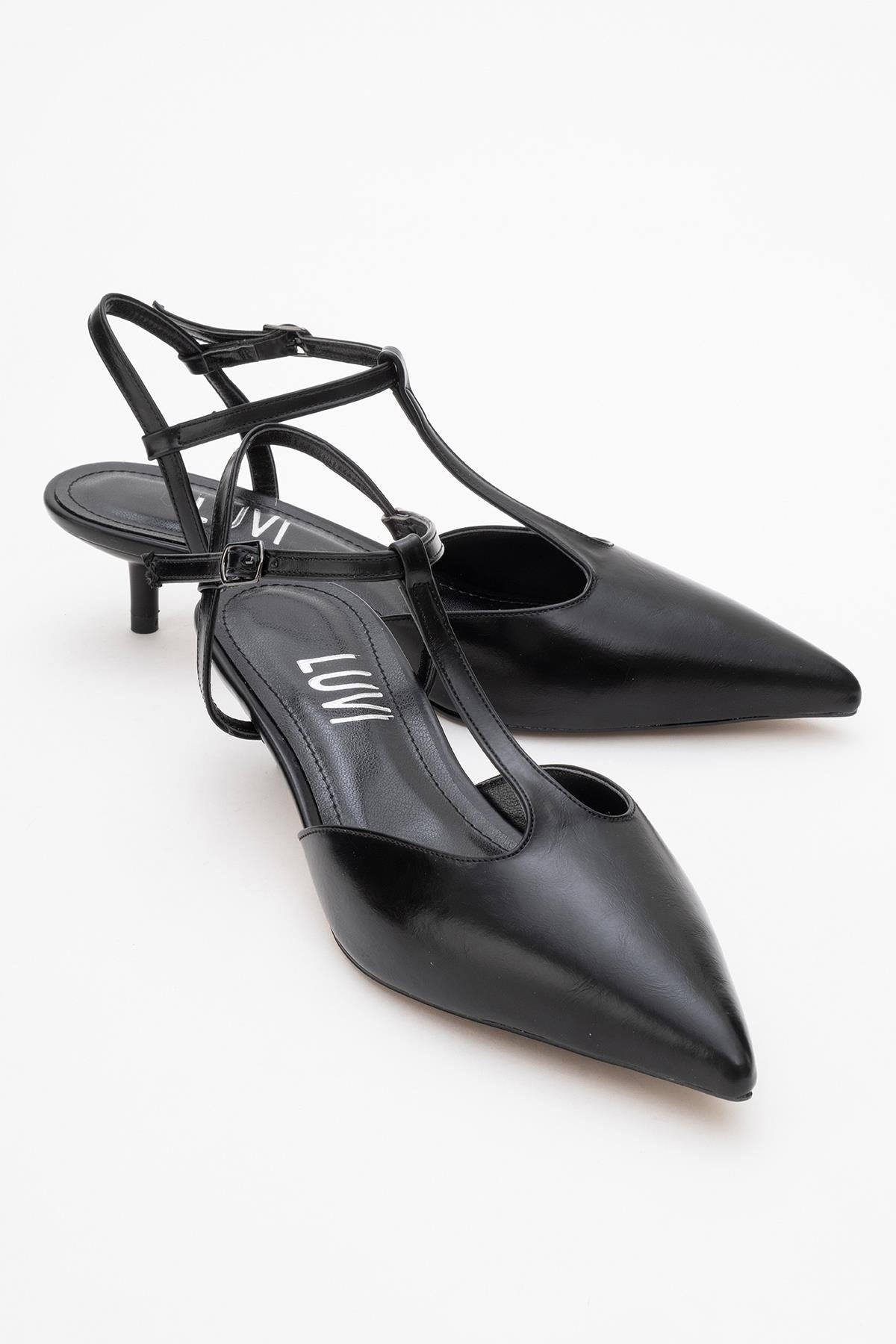 Asher - Black Pointed Toe Open Back Low Heel Shoe – front three-quarter view showing leather, black, Vowalisse