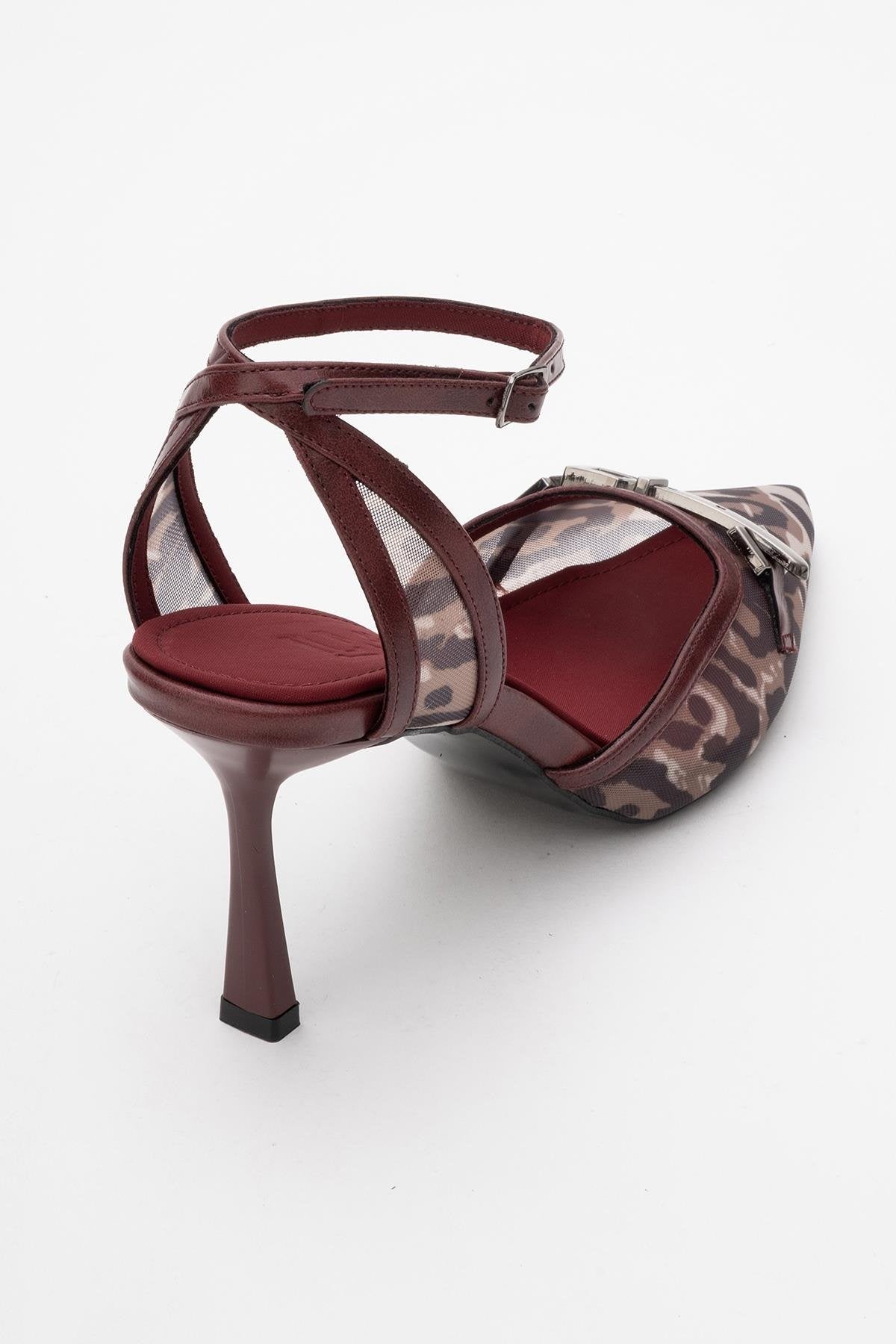 Giorno - Burgundy Patterned Mesh Ankle-Strap Stiletto – back view showing leather, mesh, Vowalisse