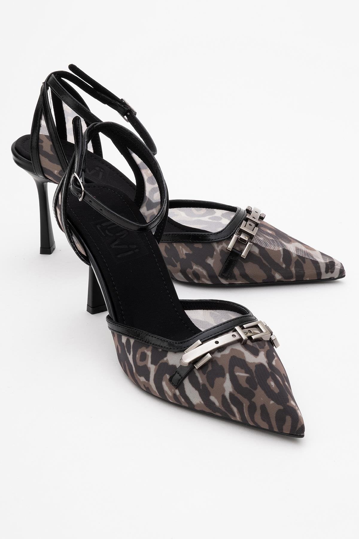 Giorno - Black Patterned Mesh Ankle-Strap Stiletto – front three-quarter view showing leather, mesh, black, Vowalisse