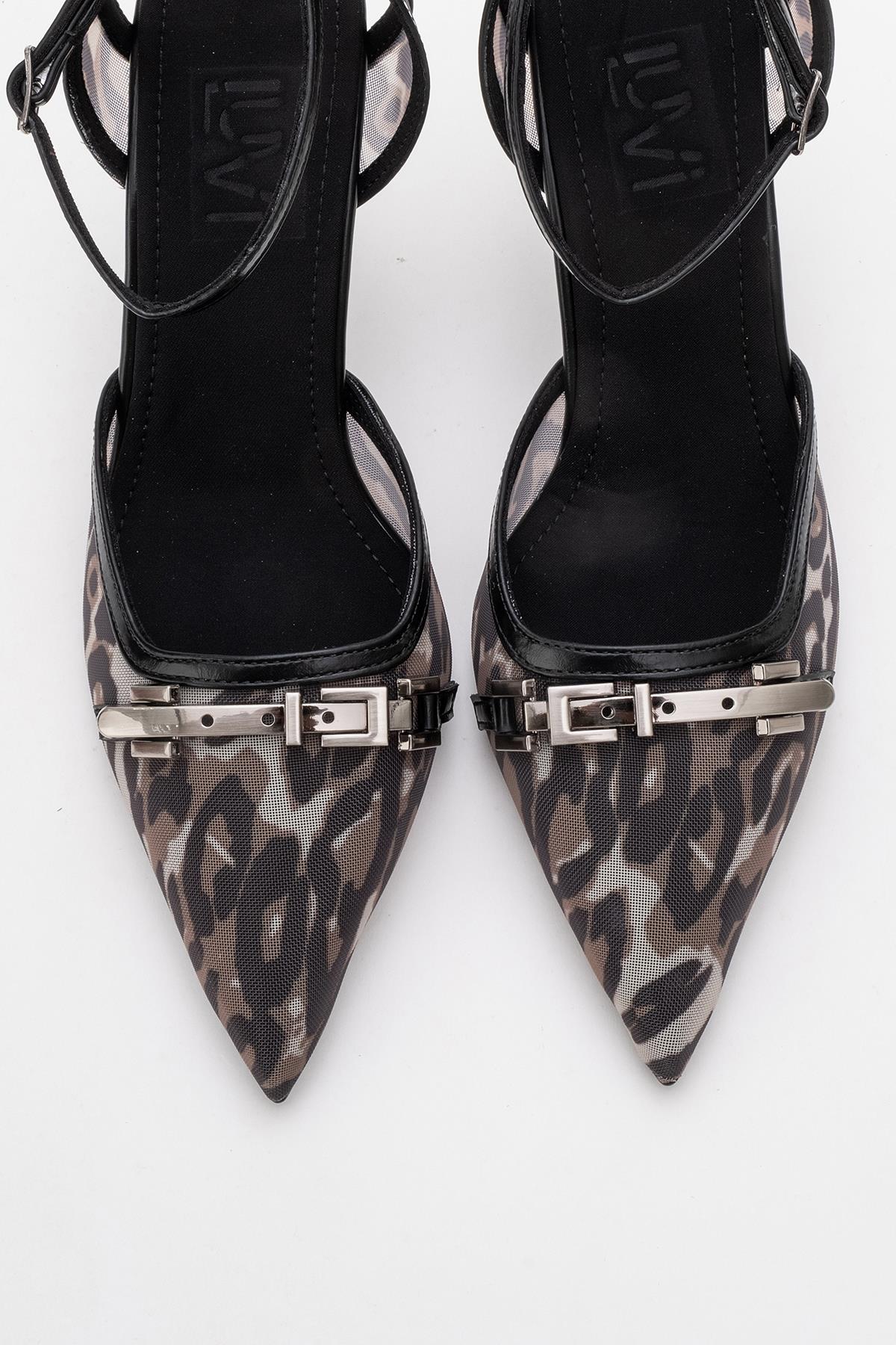 Giorno - Black Patterned Mesh Ankle-Strap Stiletto – side view showing leather, mesh, black, Vowalisse