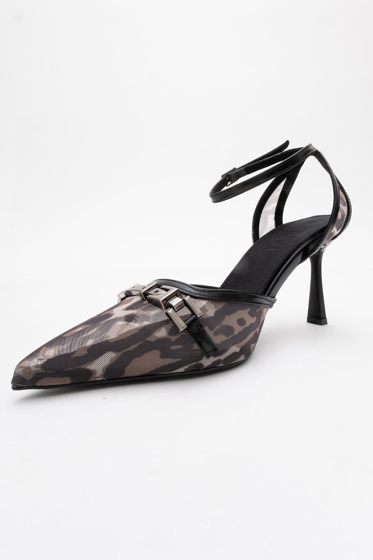 Giorno - Black Patterned Mesh Ankle-Strap Stiletto – heel view showing leather, mesh, black, Vowalisse
