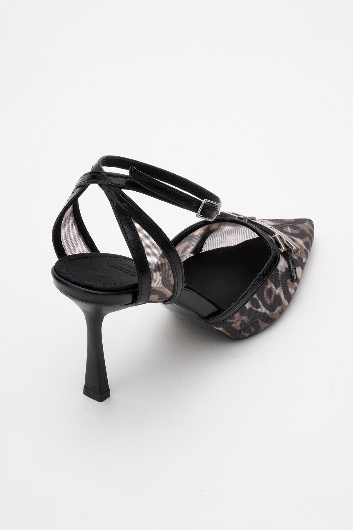 Giorno - Black Patterned Mesh Ankle-Strap Stiletto – back view showing leather, mesh, black, Vowalisse