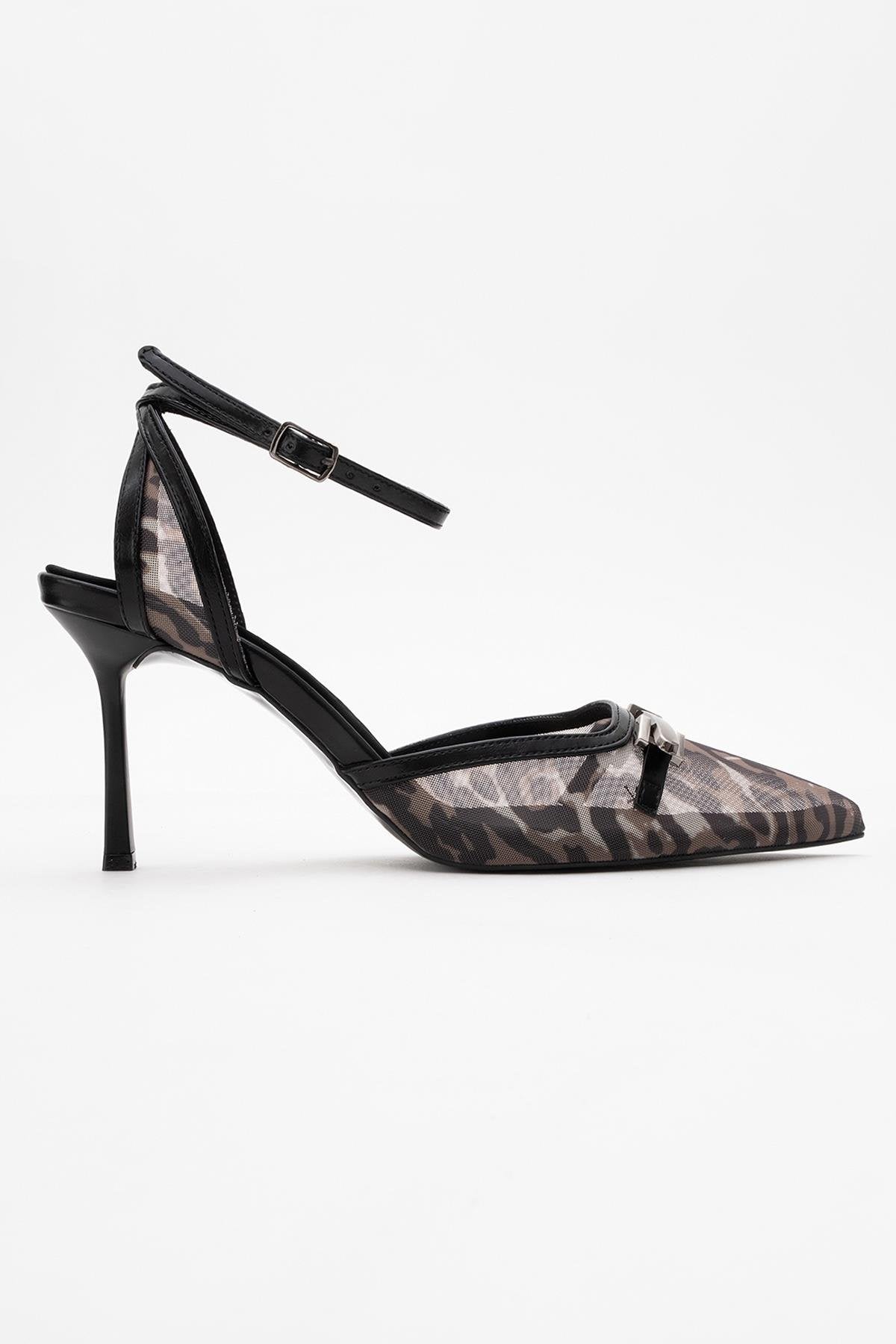 Giorno - Black Patterned Mesh Ankle-Strap Stiletto – top view showing leather, mesh, black, Vowalisse