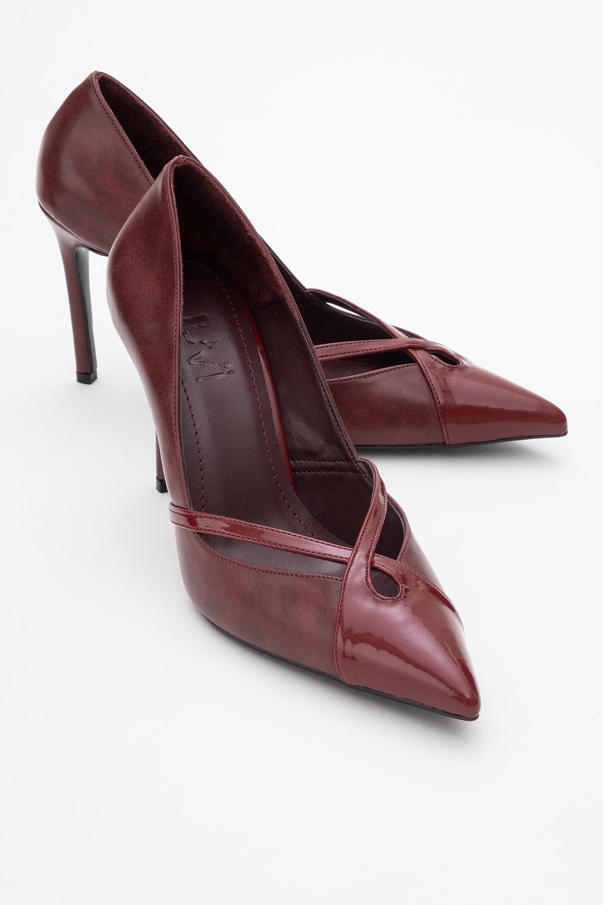 Ruby - Burgundy Patent Detail High Heel Shoe – front three-quarter view showing leather, Vowalisse