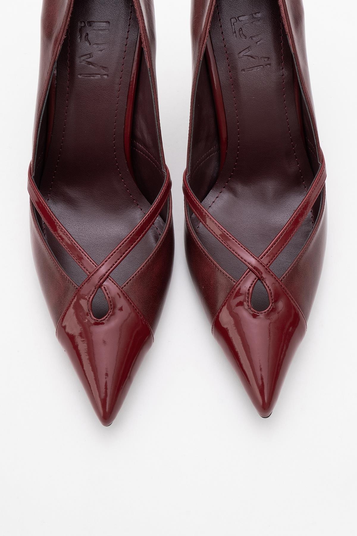 Ruby - Burgundy Patent Detail High Heel Shoe – side view showing leather, Vowalisse