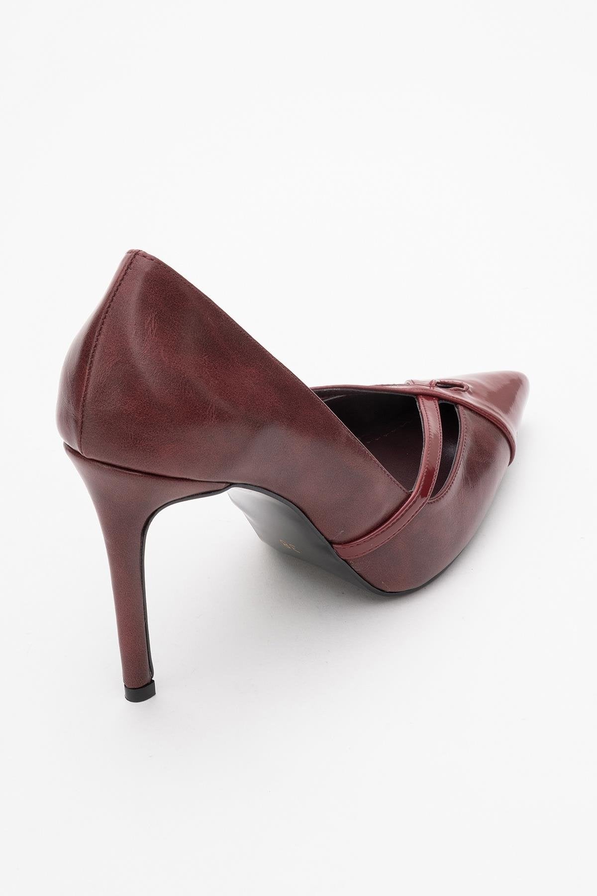 Ruby - Burgundy Patent Detail High Heel Shoe – back view showing leather, Vowalisse