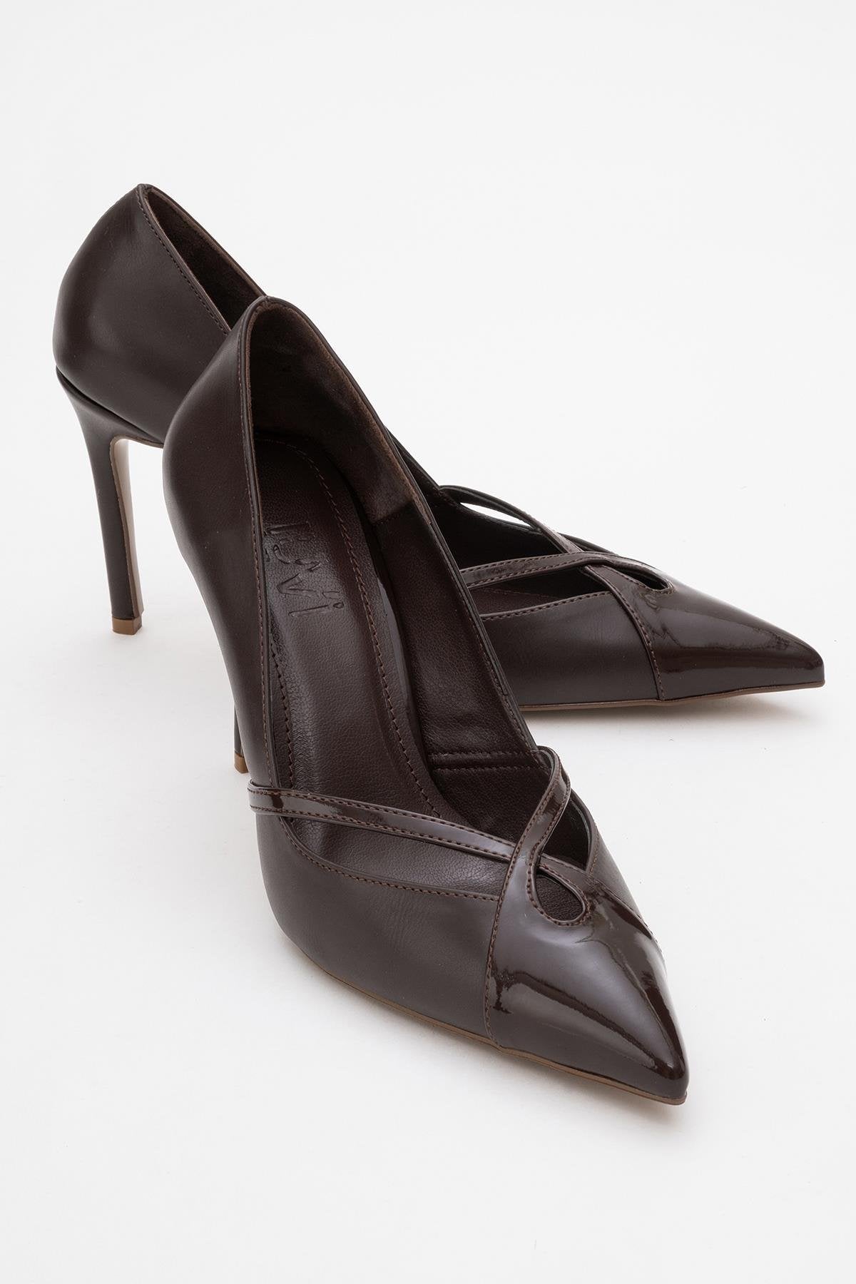 Ruby - Brown Patent Detail High Heel Shoe – front three-quarter view showing leather, Vowalisse