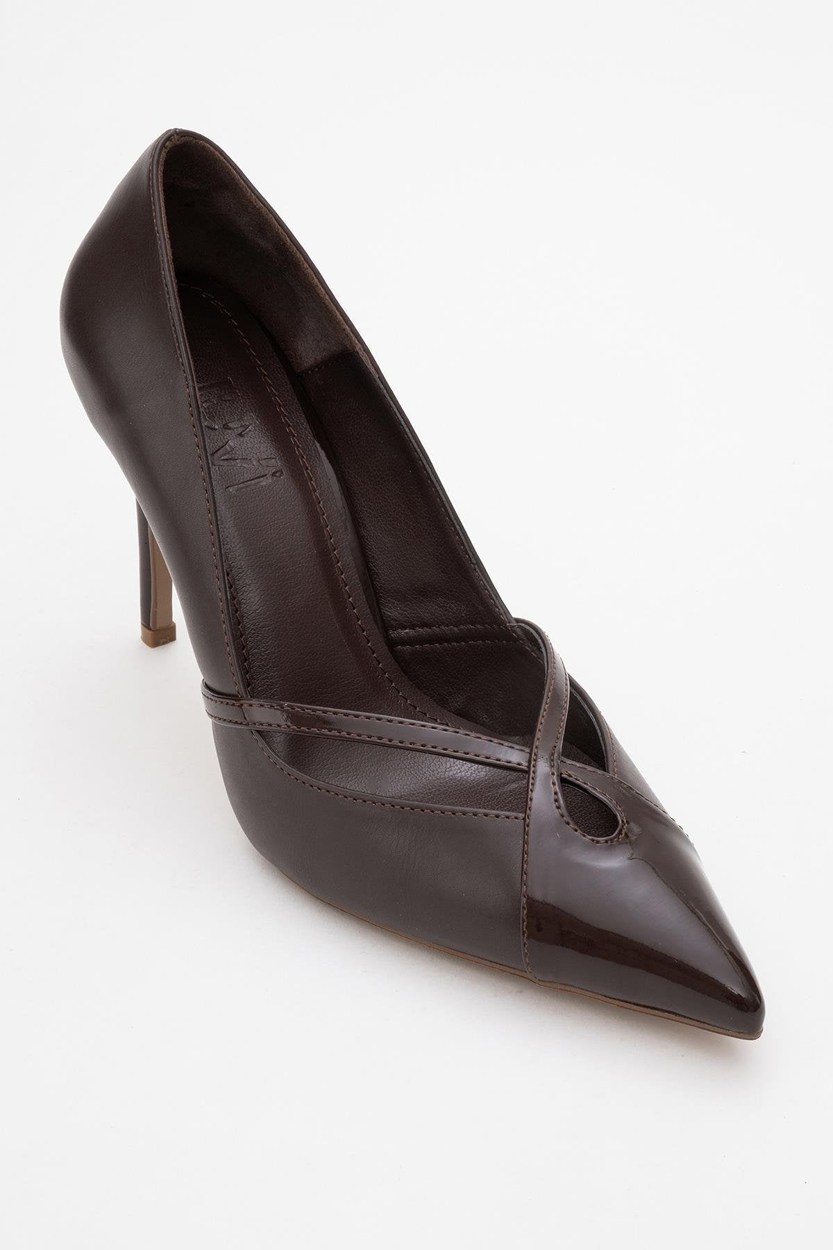 Ruby - Brown Patent Detail High Heel Shoe – detail view showing leather, Vowalisse