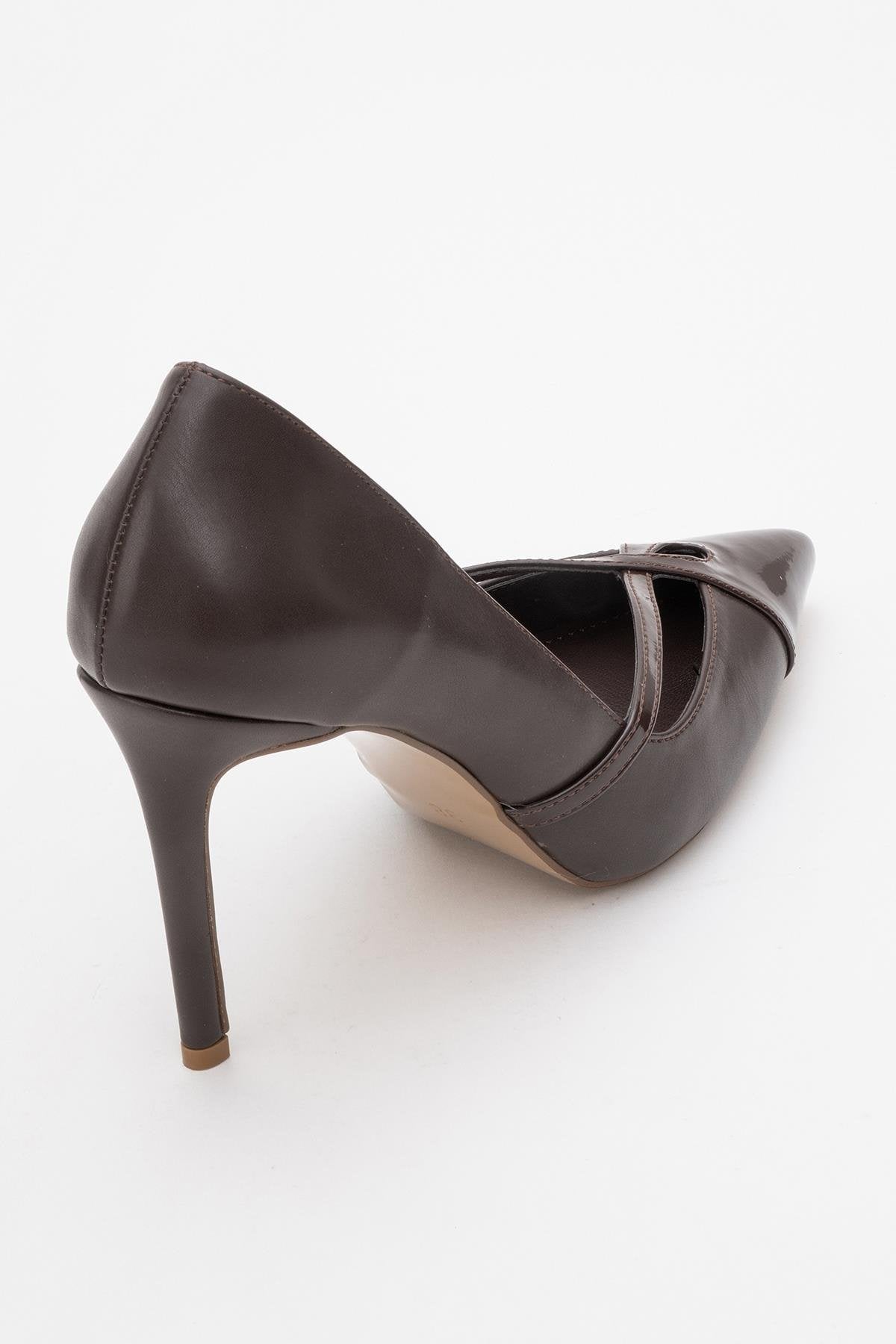 Ruby - Brown Patent Detail High Heel Shoe – back view showing leather, Vowalisse