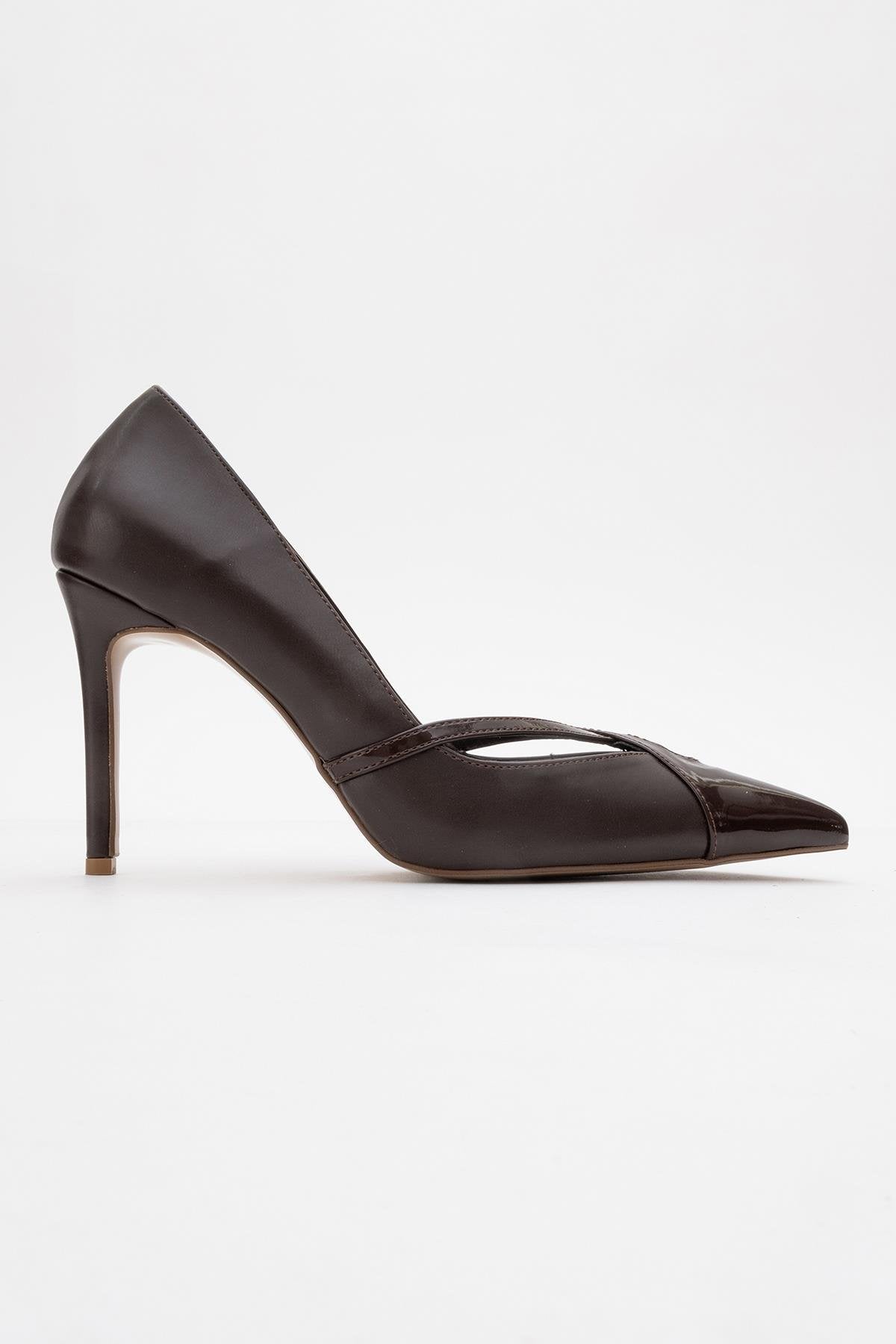 Ruby - Brown Patent Detail High Heel Shoe – top view showing leather, Vowalisse