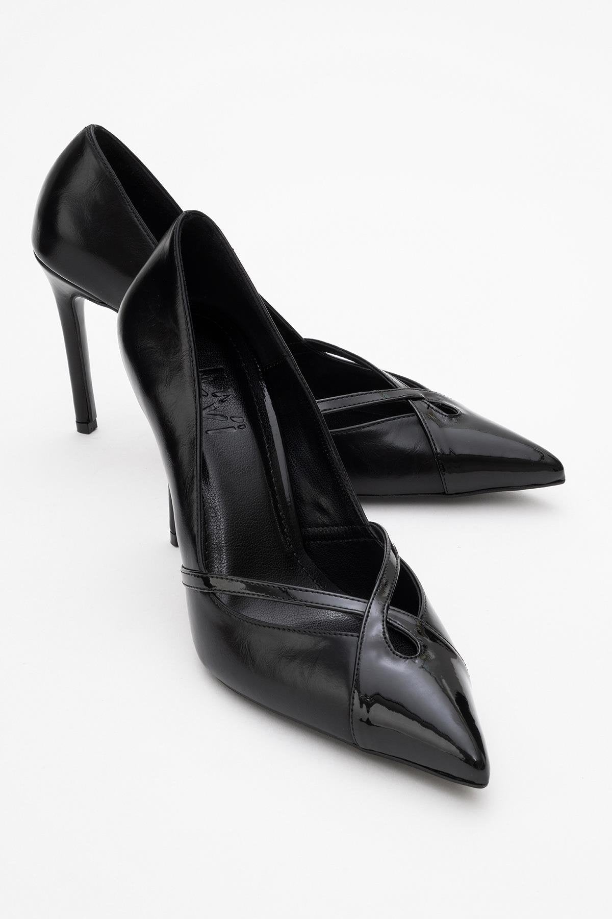 Ruby - Black Stiletto Heel – front three-quarter view showing leather, black, Vowalisse